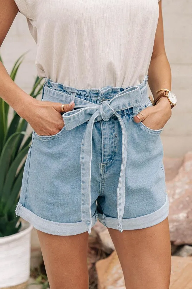 Analise Tie Waist Denim Shorts in Light Wash