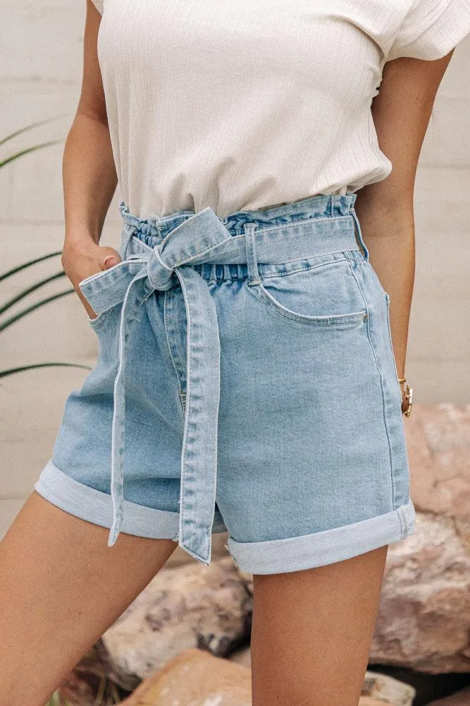 Analise Tie Waist Denim Shorts in Light Wash