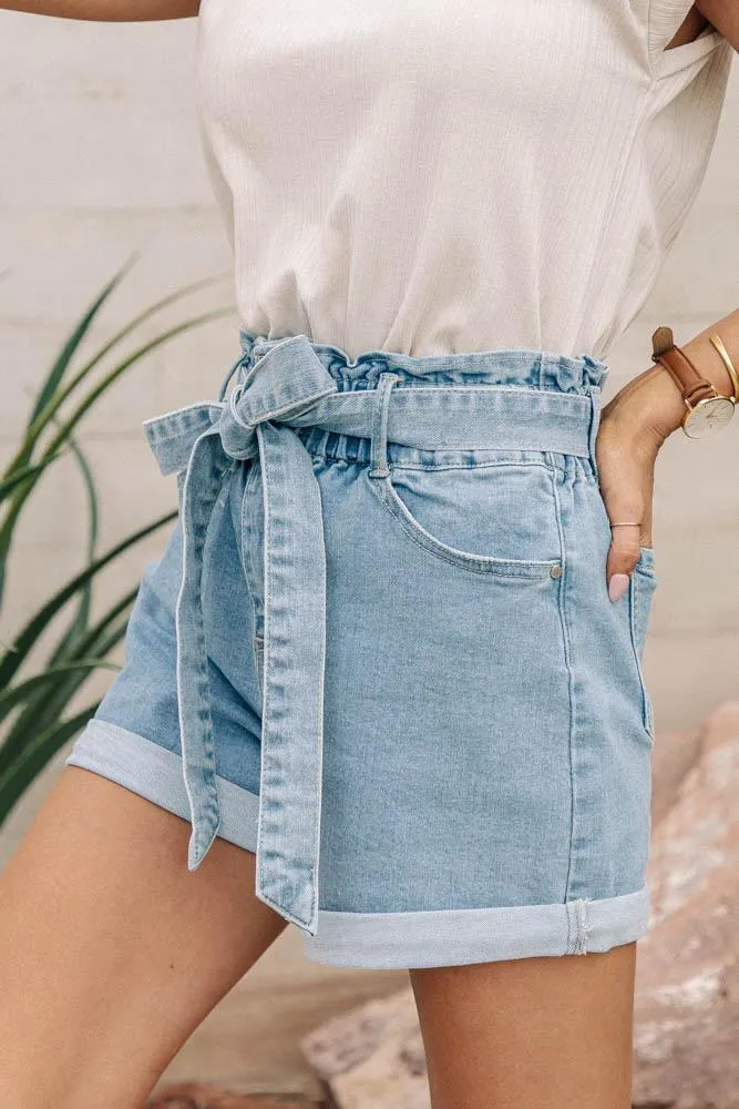 Analise Tie Waist Denim Shorts in Light Wash