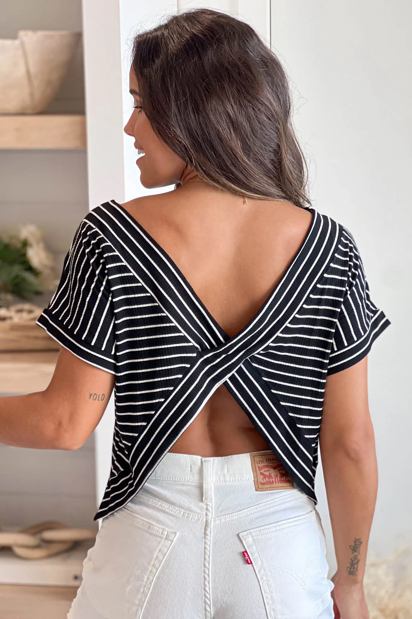 Black And White Dolman Short Sleeve Striped Top