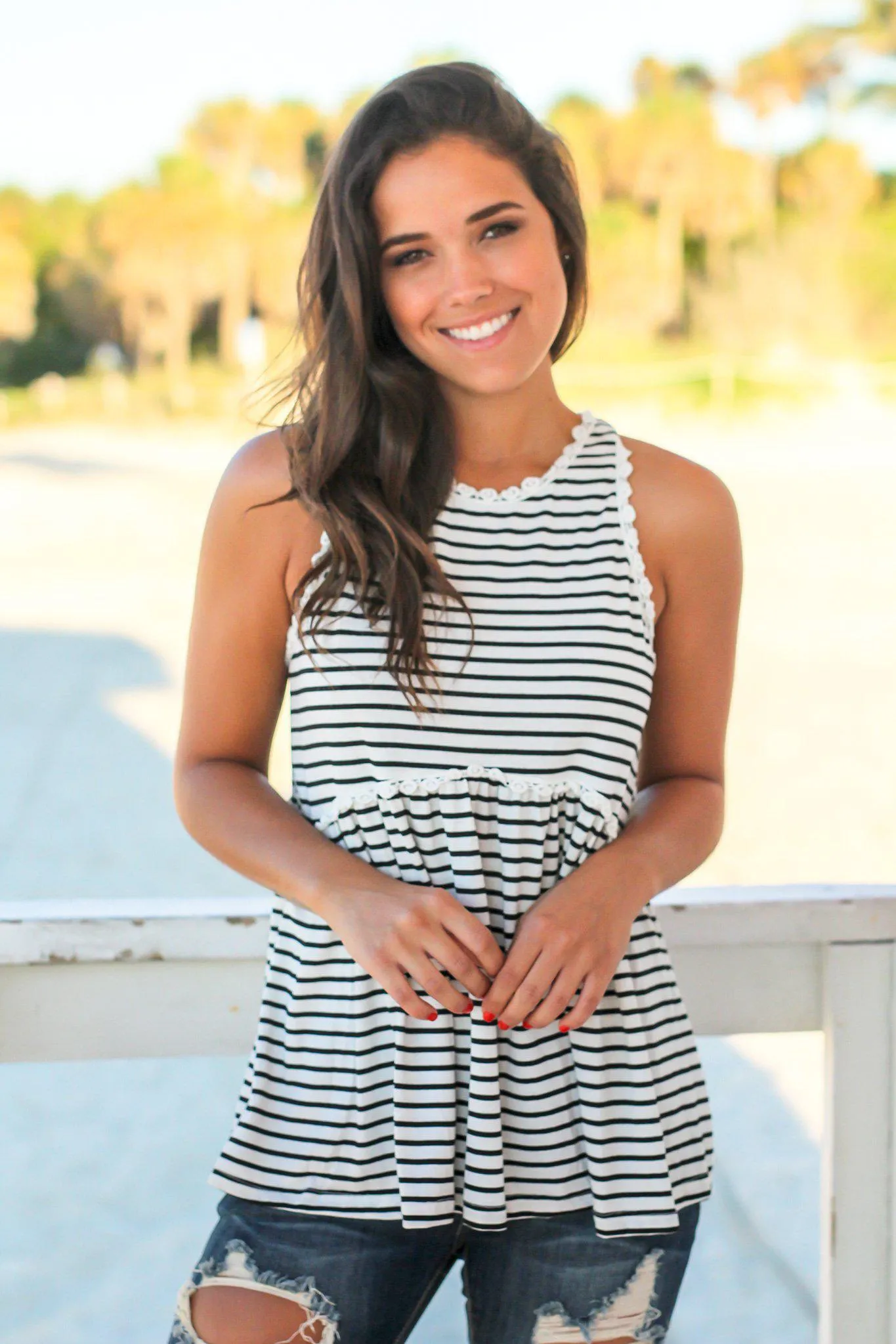 Black and White Striped Babydoll Top with Back Zipper