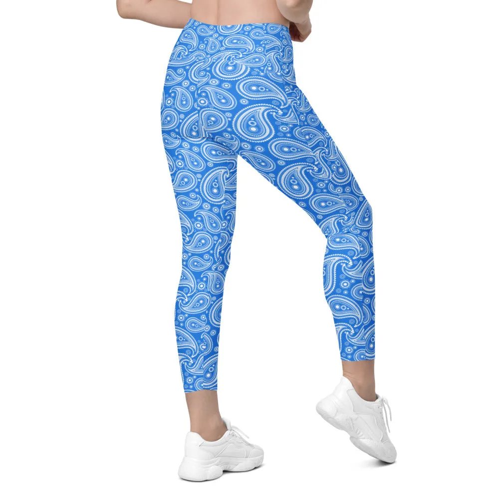 Blue & White Paisley Leggings with Pockets