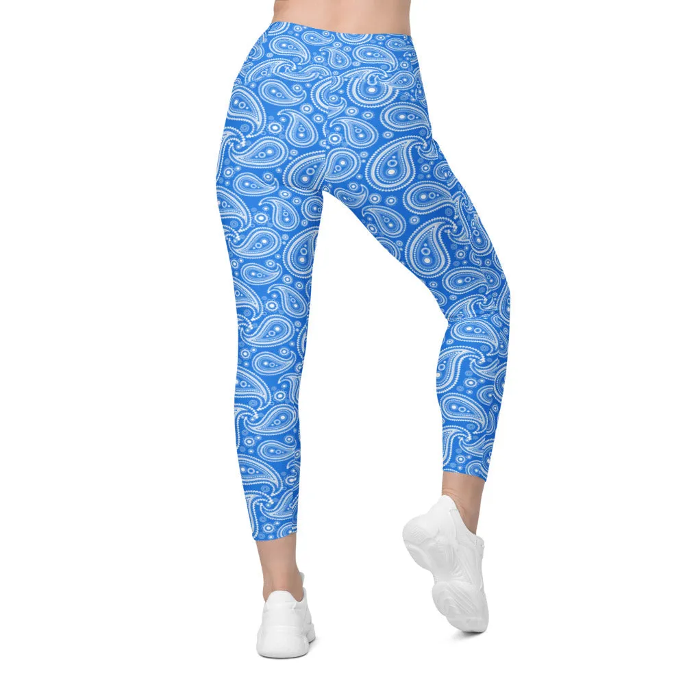 Blue & White Paisley Leggings with Pockets