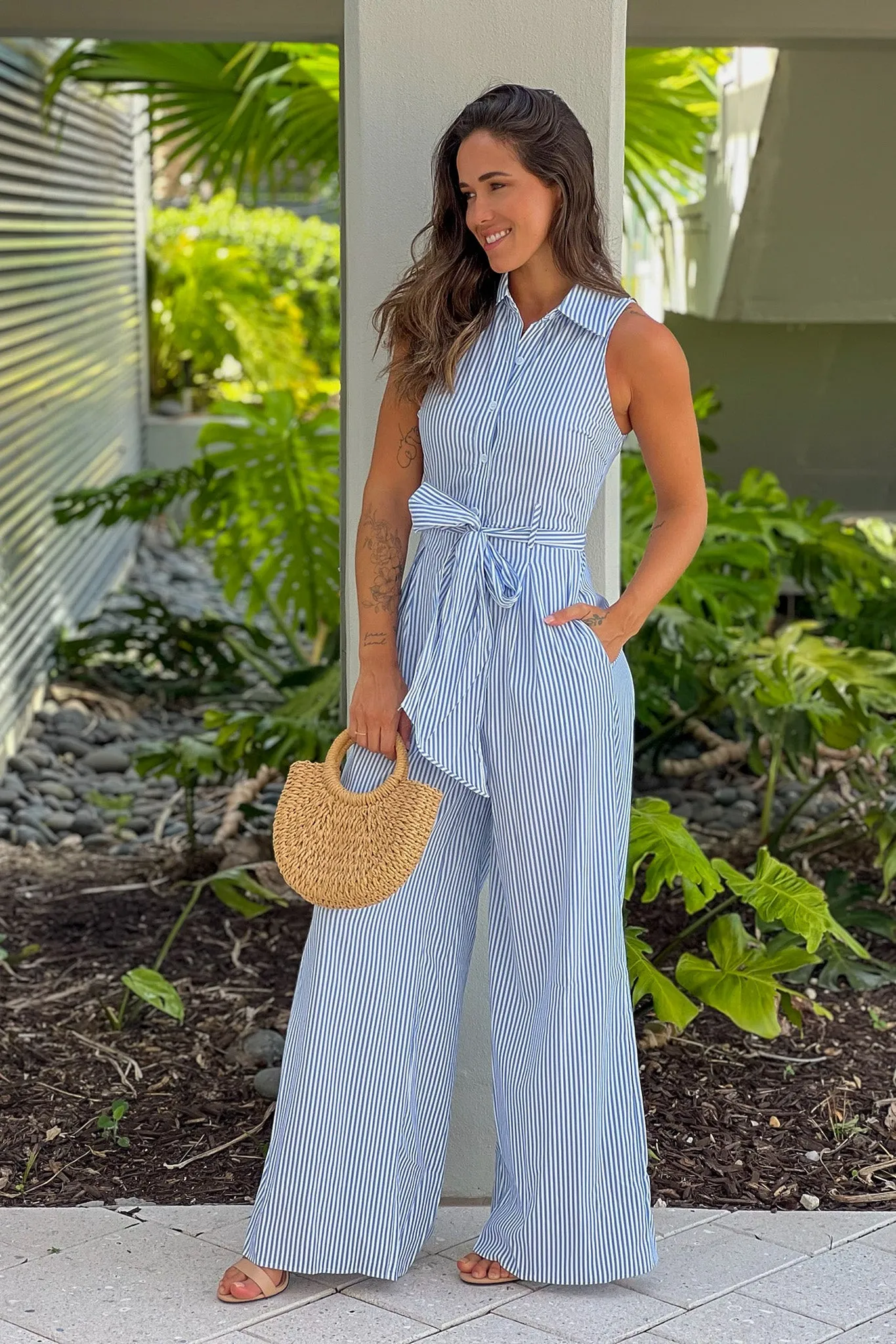 Blue Striped Button Down Jumpsuit