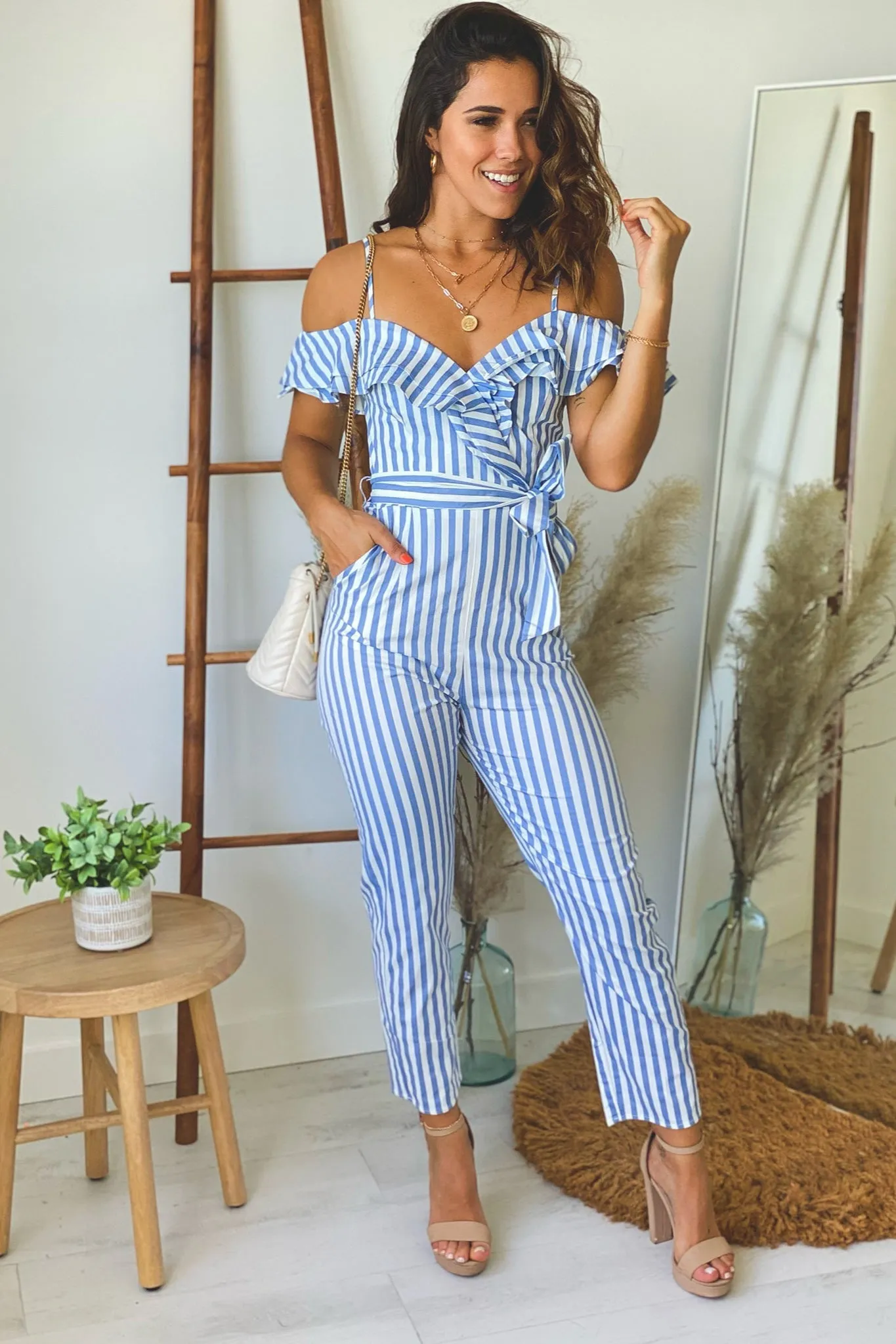 Blue Striped Ruffled Jumpsuit