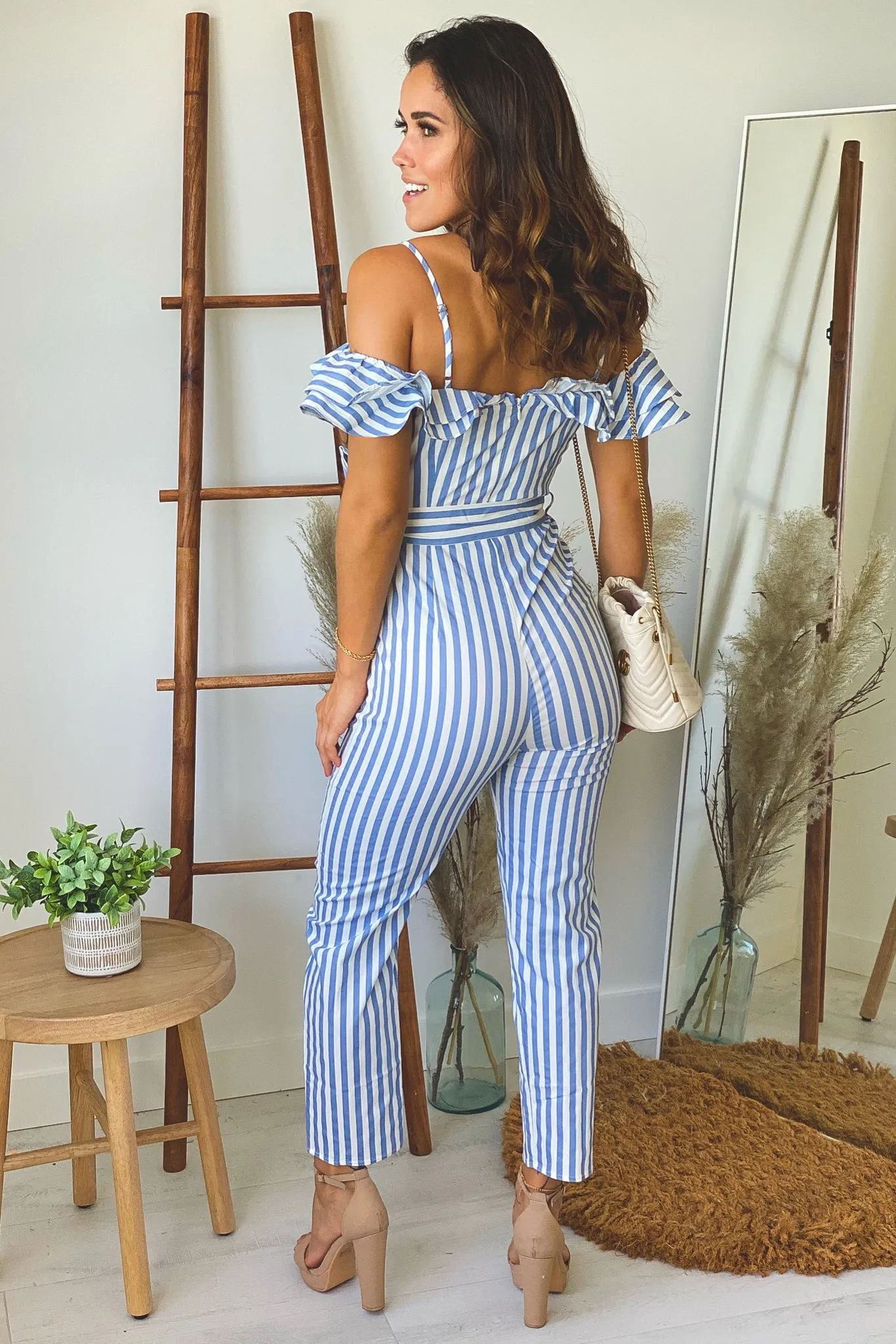 Blue Striped Ruffled Jumpsuit