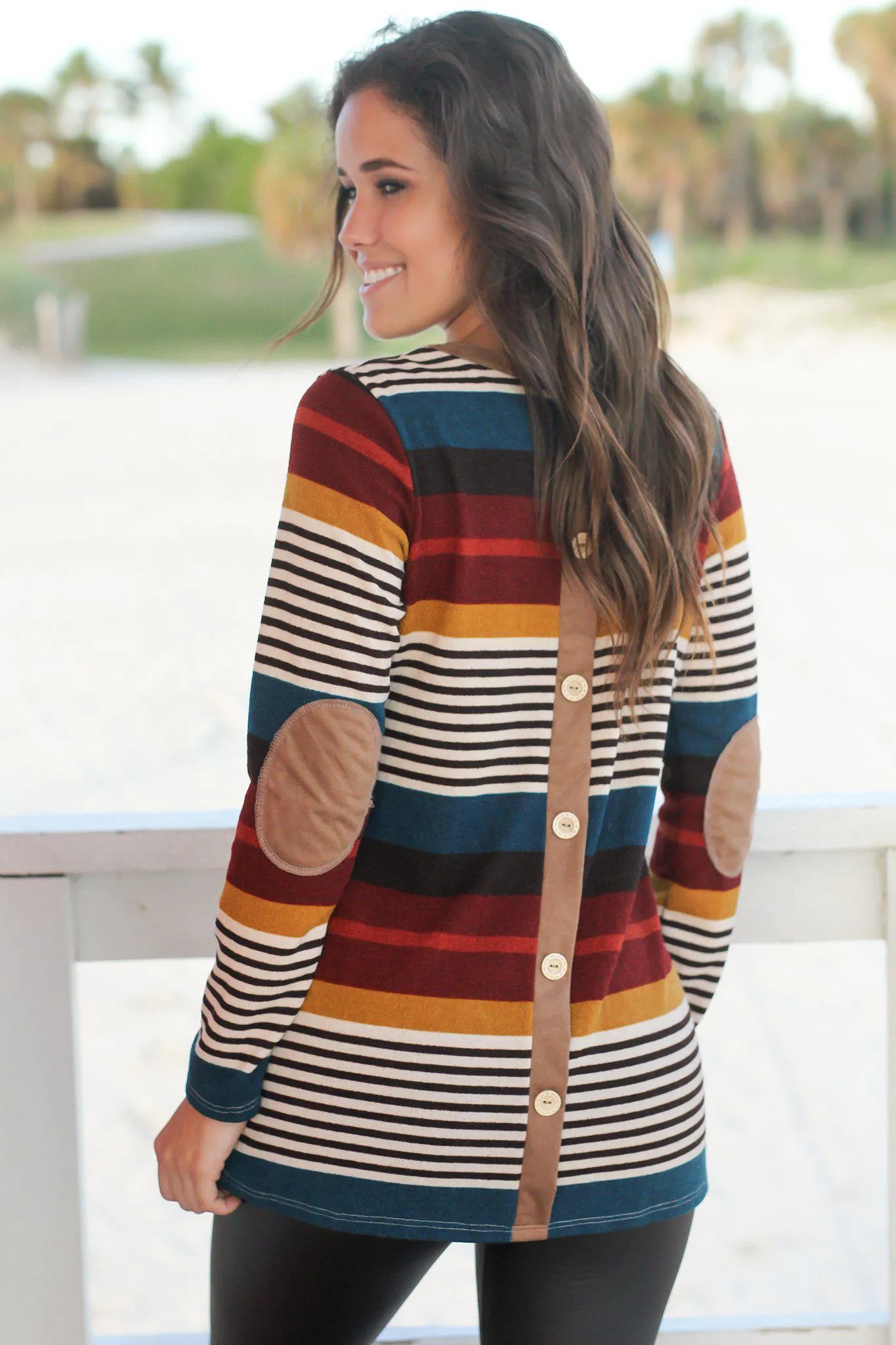 Burgundy Striped Top with Button Detail