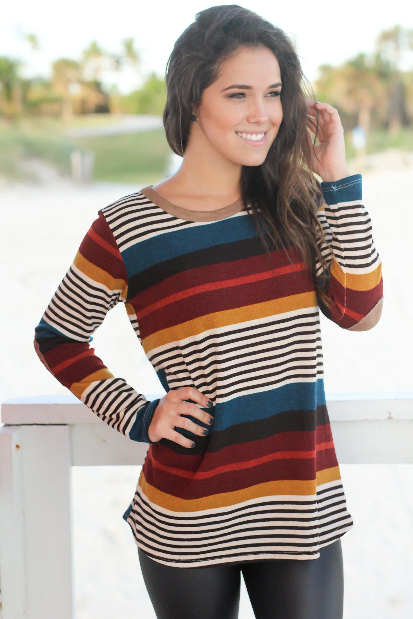 Burgundy Striped Top with Button Detail