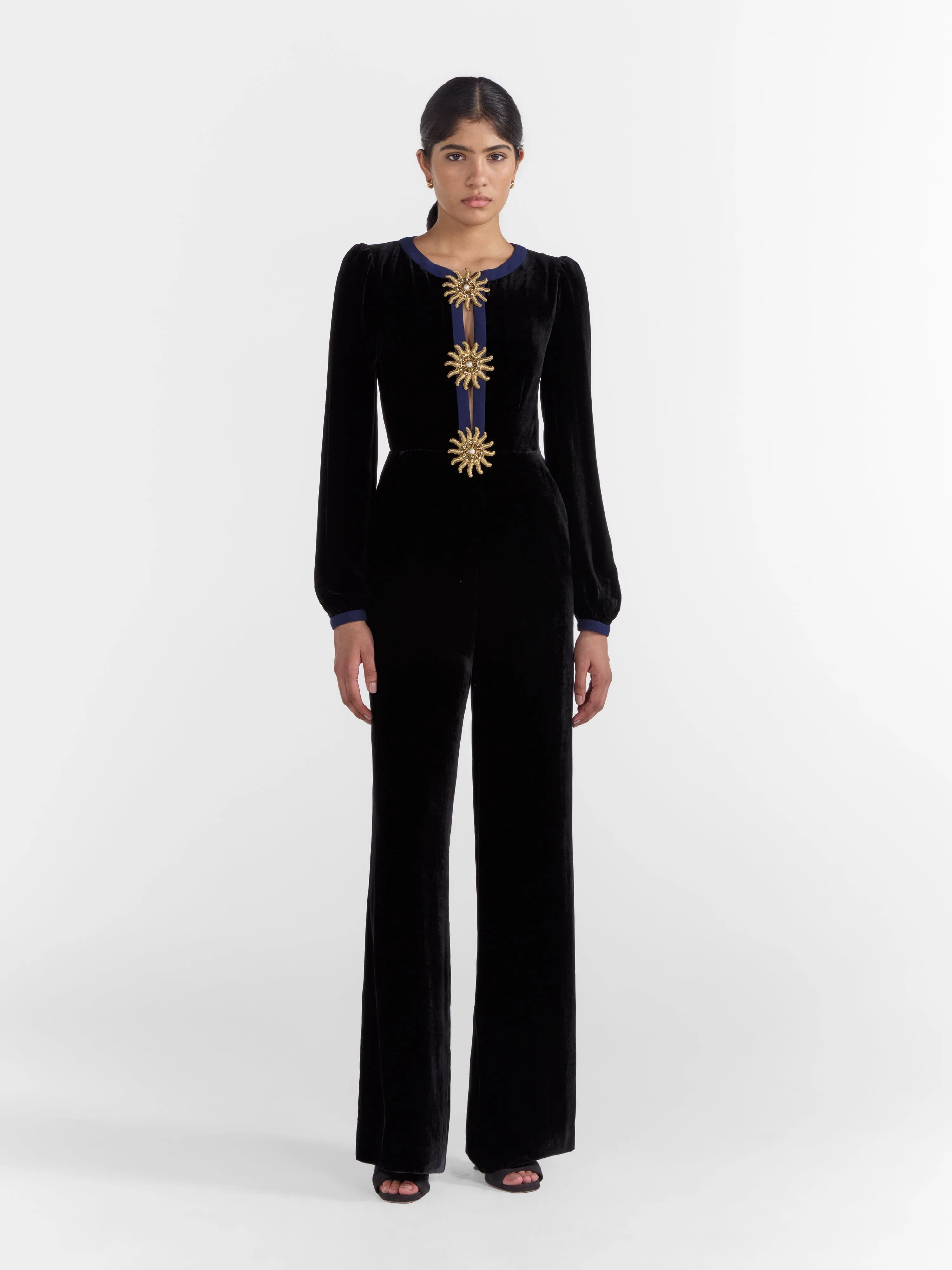 Camille Bows Jumpsuit in Black Gold Embroidery