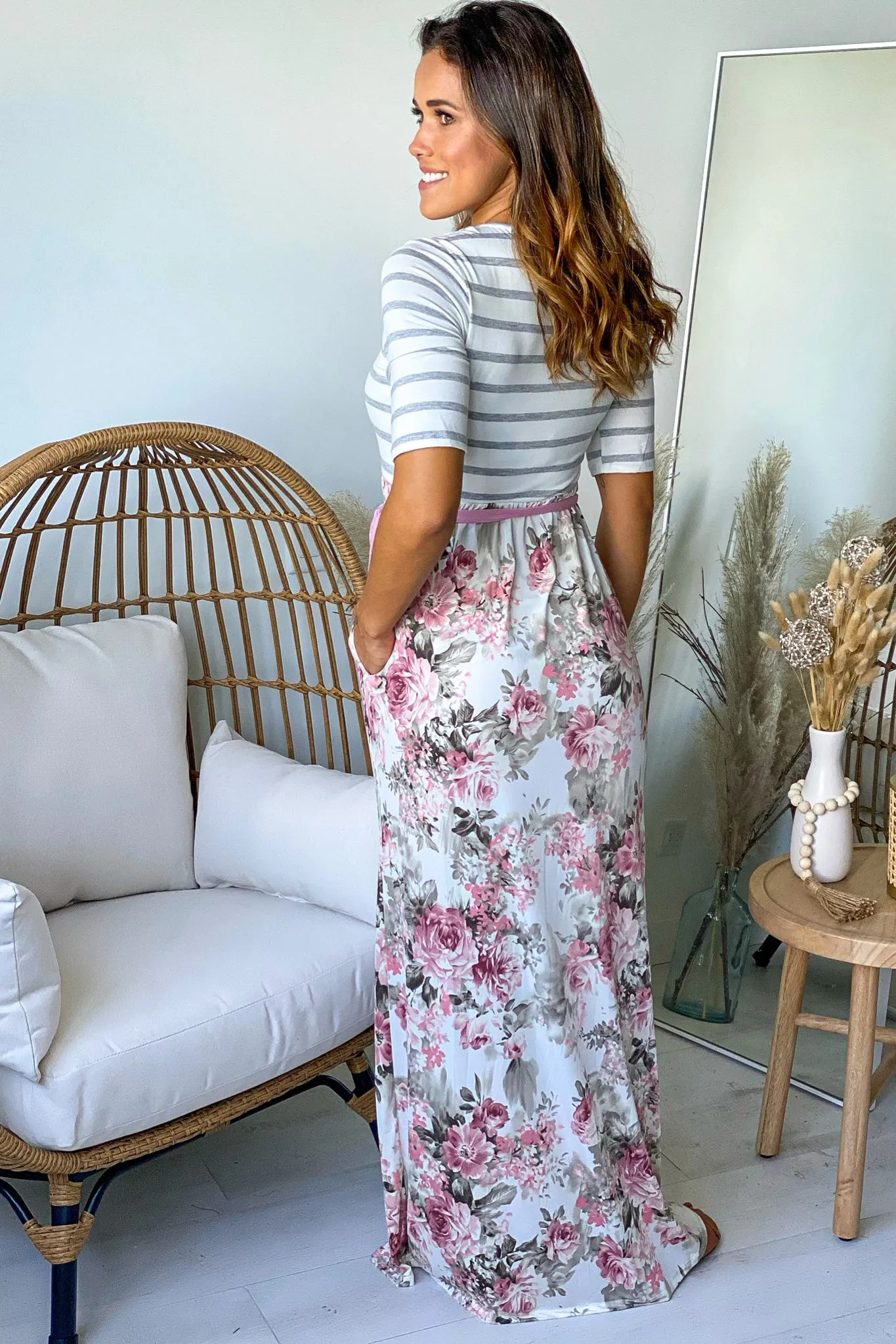 Cream Floral Maxi Dress With Striped Top