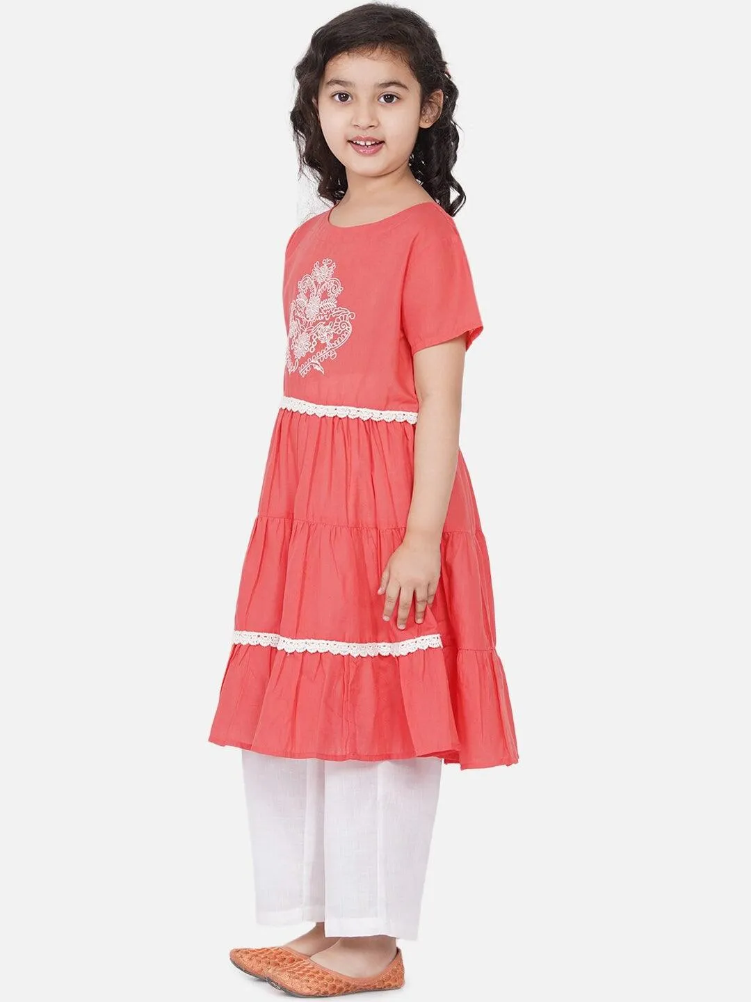 Girl's Peach-Coloured Embroidered Kurta with Dhoti Pants & With Dupatta - NOZ2TOZ KIDS