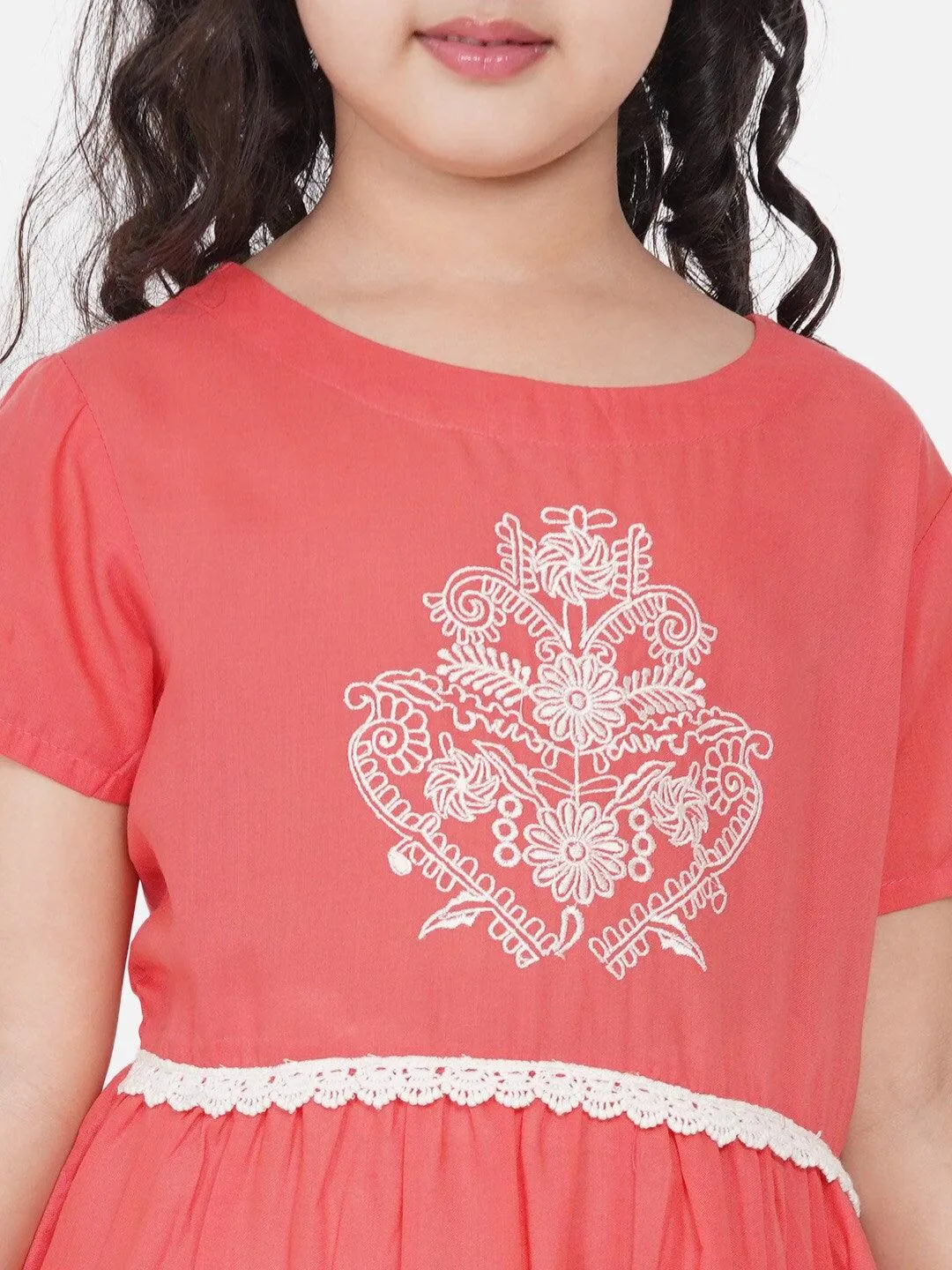 Girl's Peach-Coloured Embroidered Kurta with Dhoti Pants & With Dupatta - NOZ2TOZ KIDS