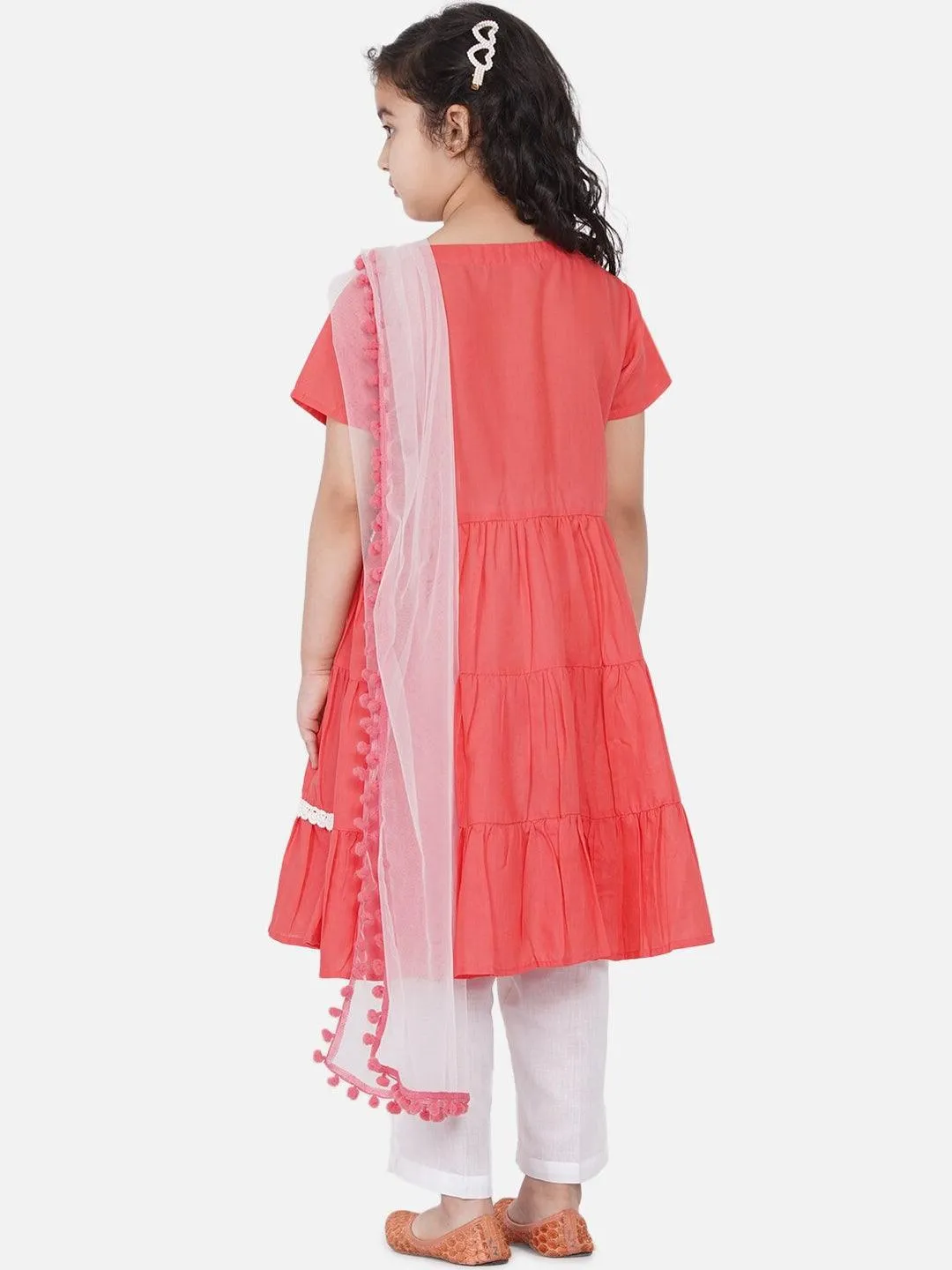 Girl's Peach-Coloured Embroidered Kurta with Dhoti Pants & With Dupatta - NOZ2TOZ KIDS