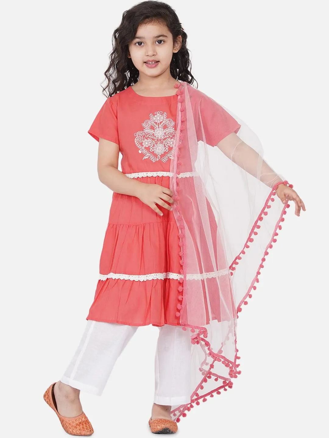 Girl's Peach-Coloured Embroidered Kurta with Dhoti Pants & With Dupatta - NOZ2TOZ KIDS