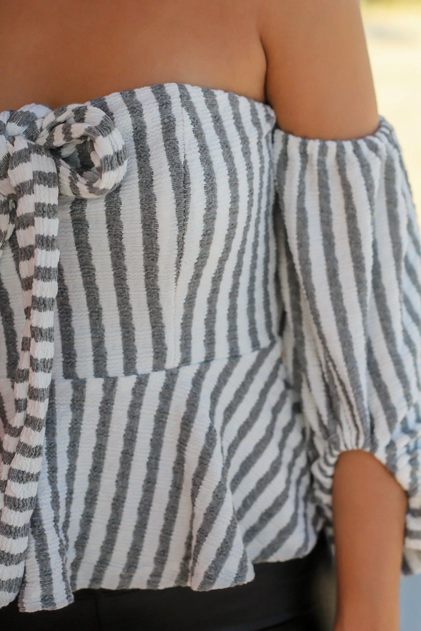 Gray and White Off Shoulder Striped Ruffle Top