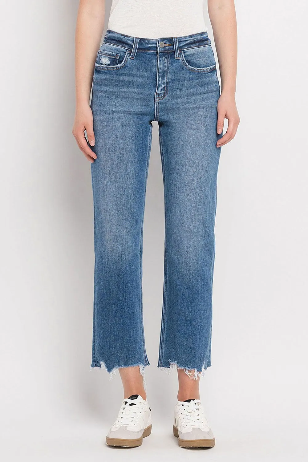 High Rise Frayed Hem Straight Jeans