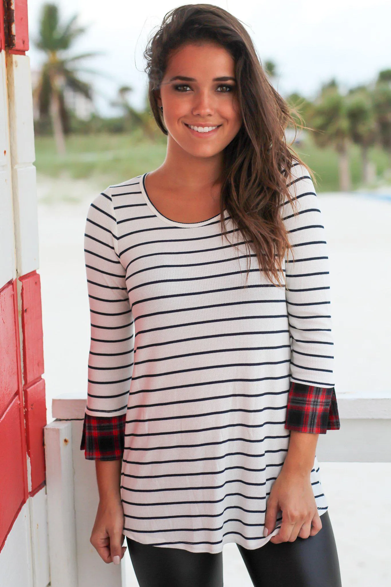 Ivory Striped Top with Plaid Cuffs