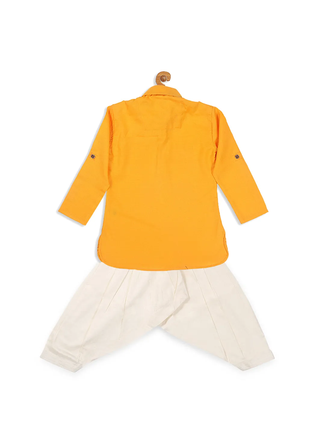 Jashvi Boy's Yellow Pathani Shape Kurta With Cream Patiala Set