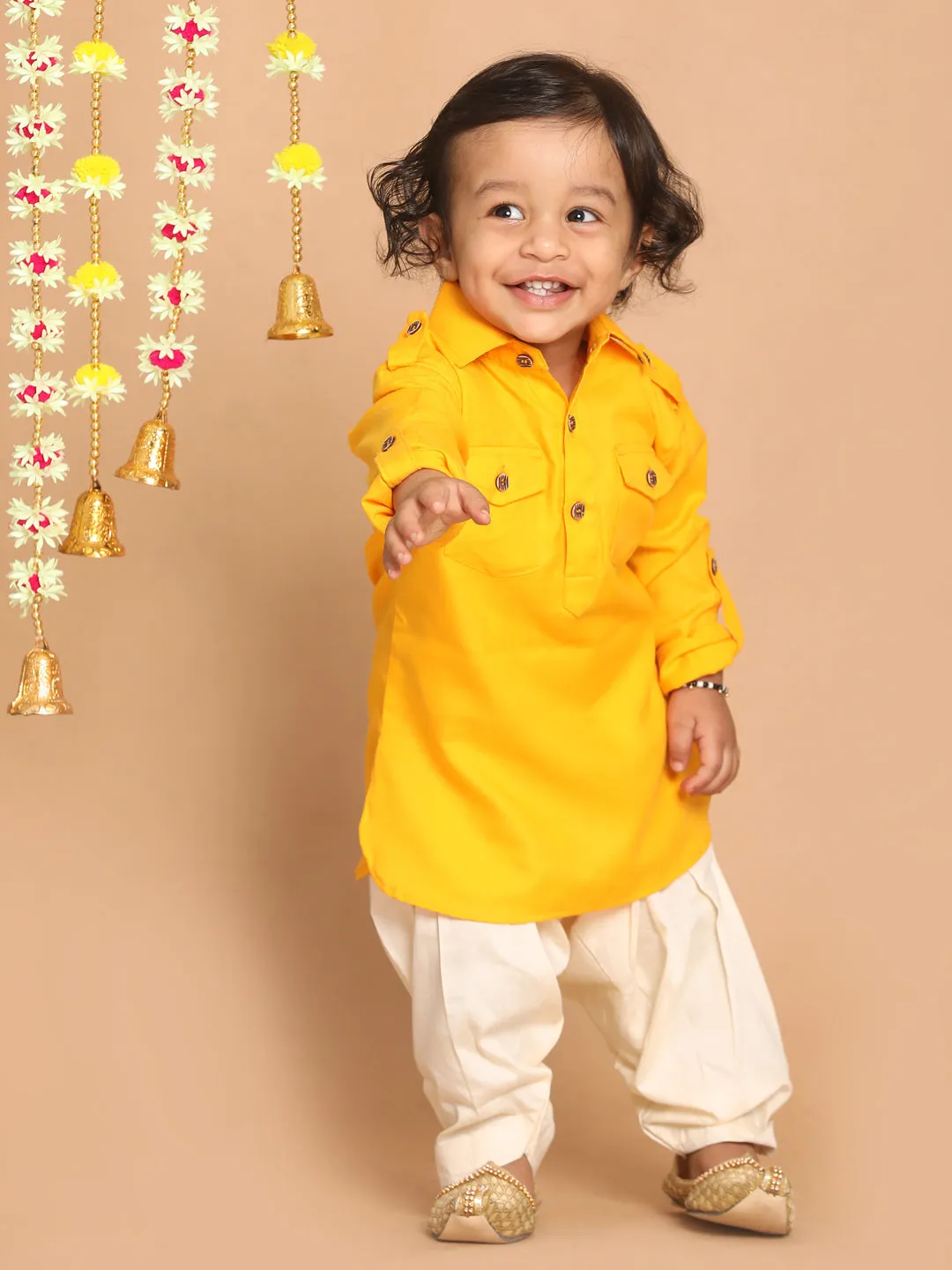 Jashvi Boy's Yellow Pathani Shape Kurta With Cream Patiala Set