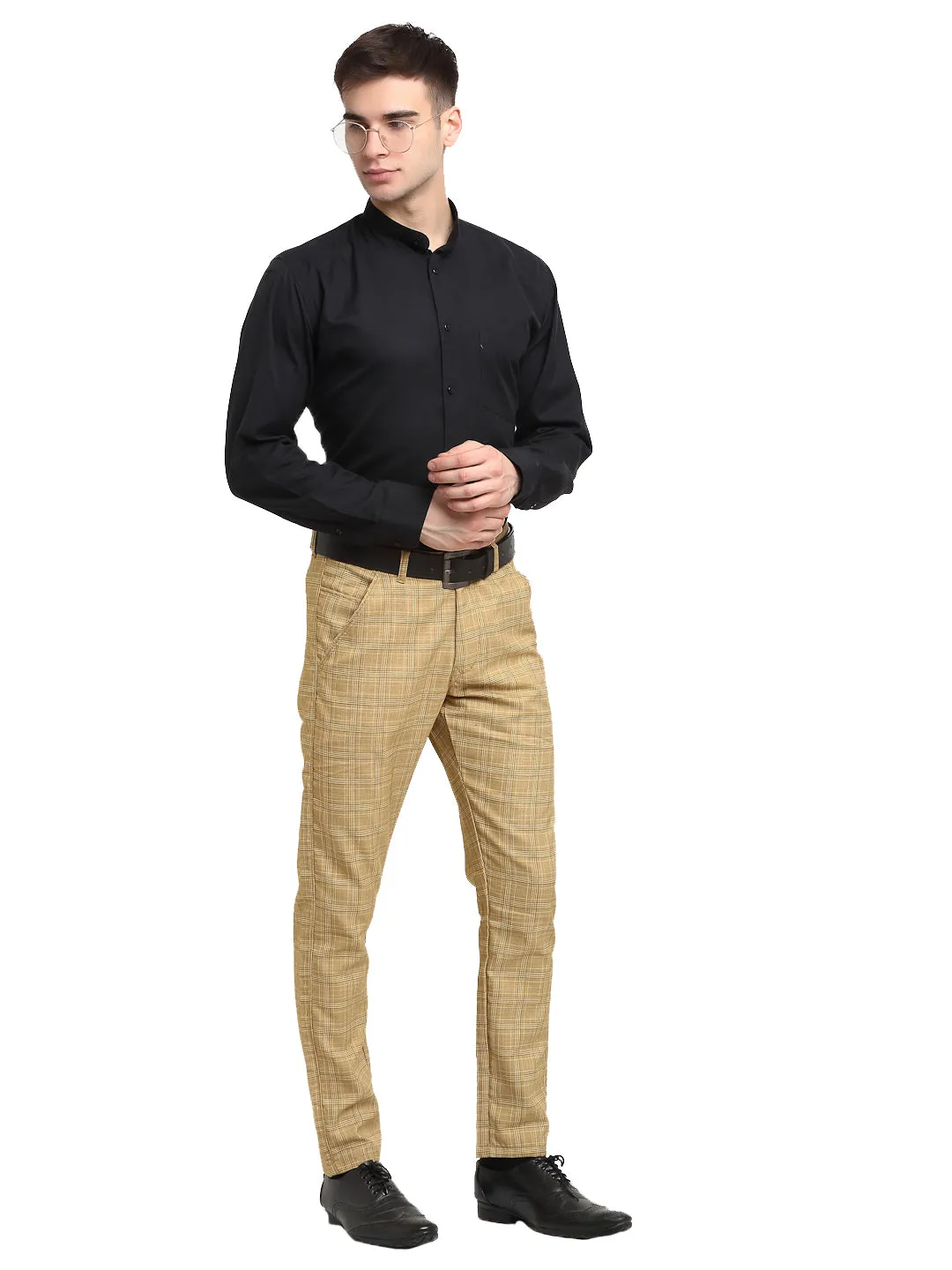 Jashvi Men's Beige Cotton Checked Formal Trousers