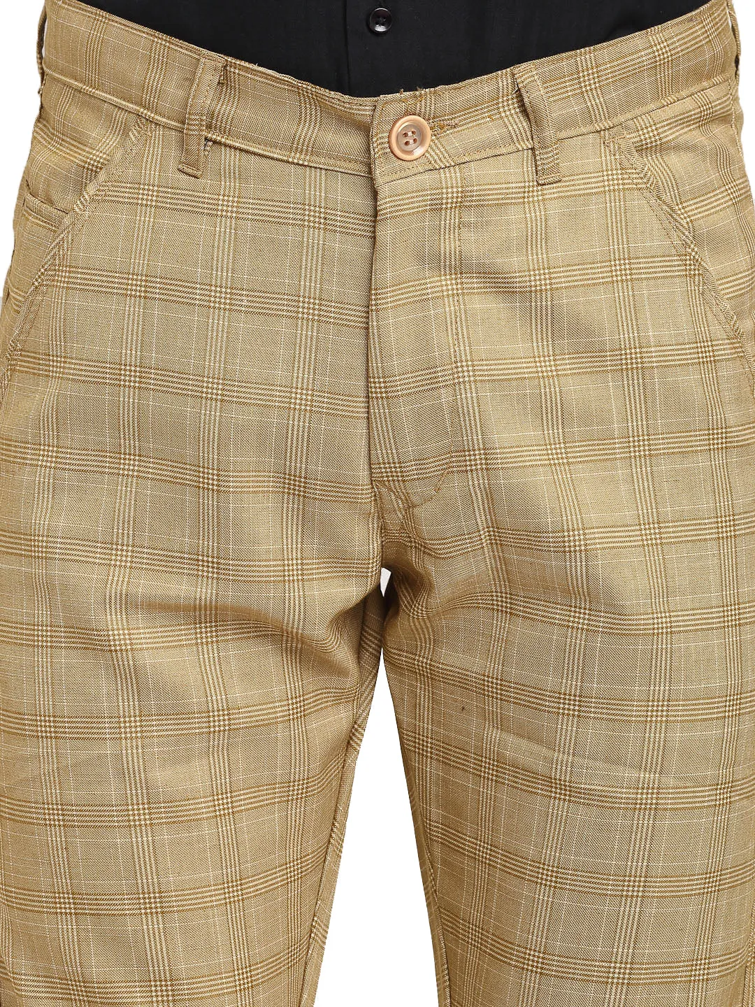 Jashvi Men's Beige Cotton Checked Formal Trousers