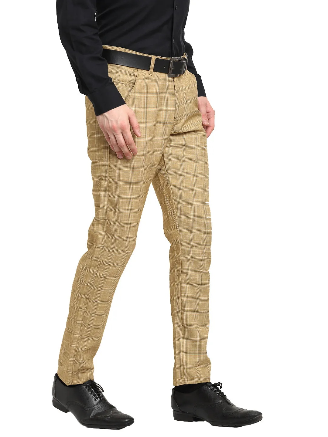 Jashvi Men's Beige Cotton Checked Formal Trousers