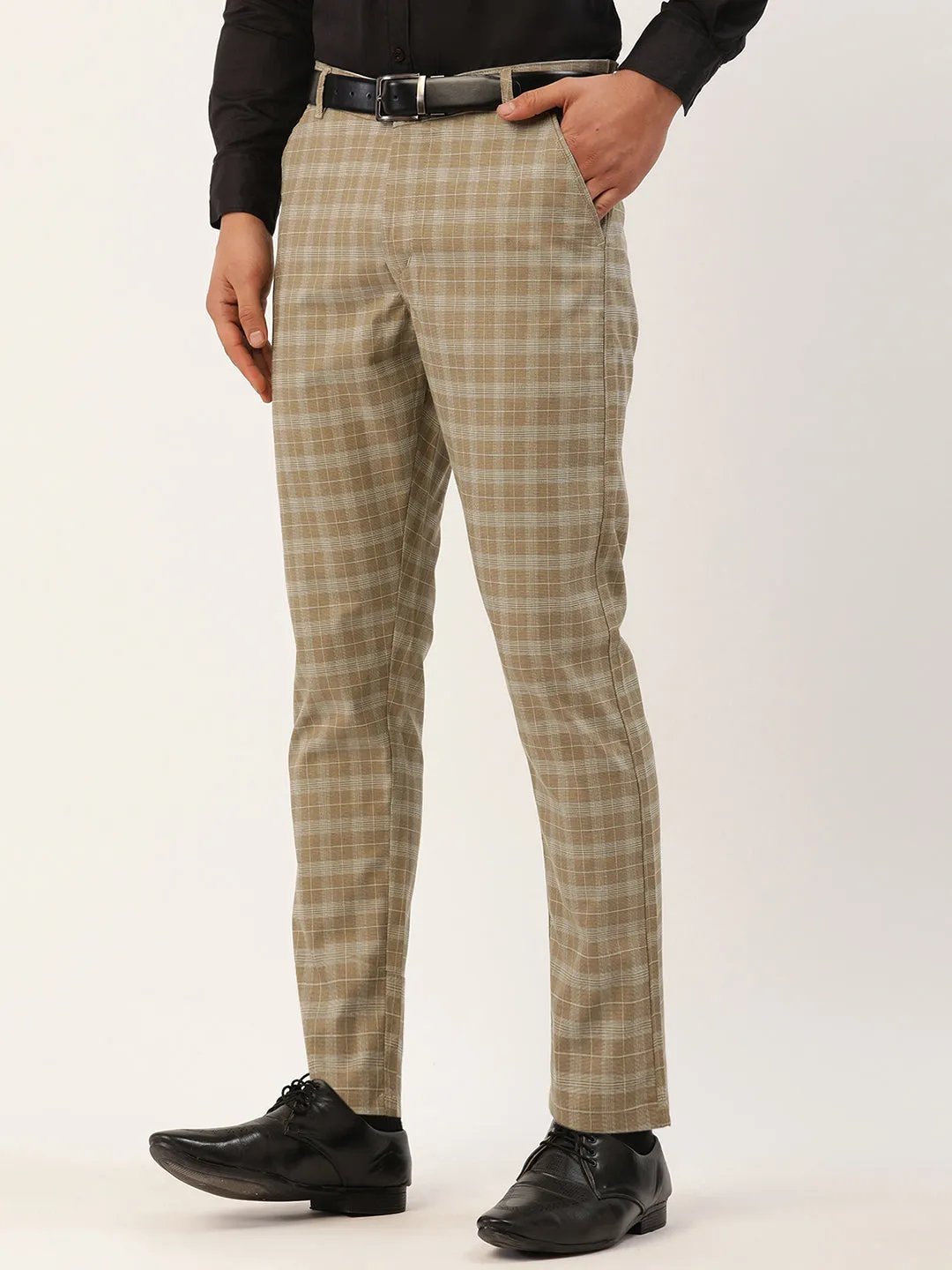 Jashvi Men's Beige Tartan Checked Formal Trousers