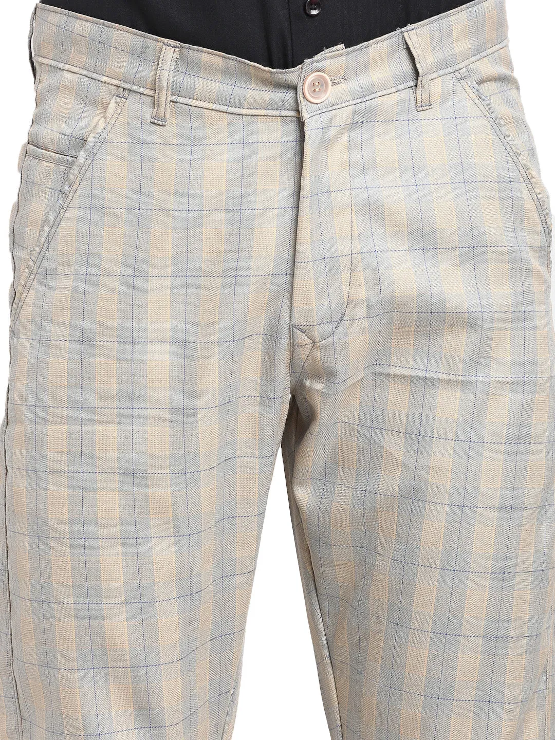 Jashvi Men's Blue Cotton Checked Formal Trousers