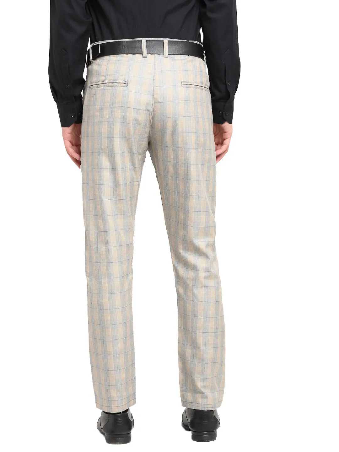 Jashvi Men's Blue Cotton Checked Formal Trousers