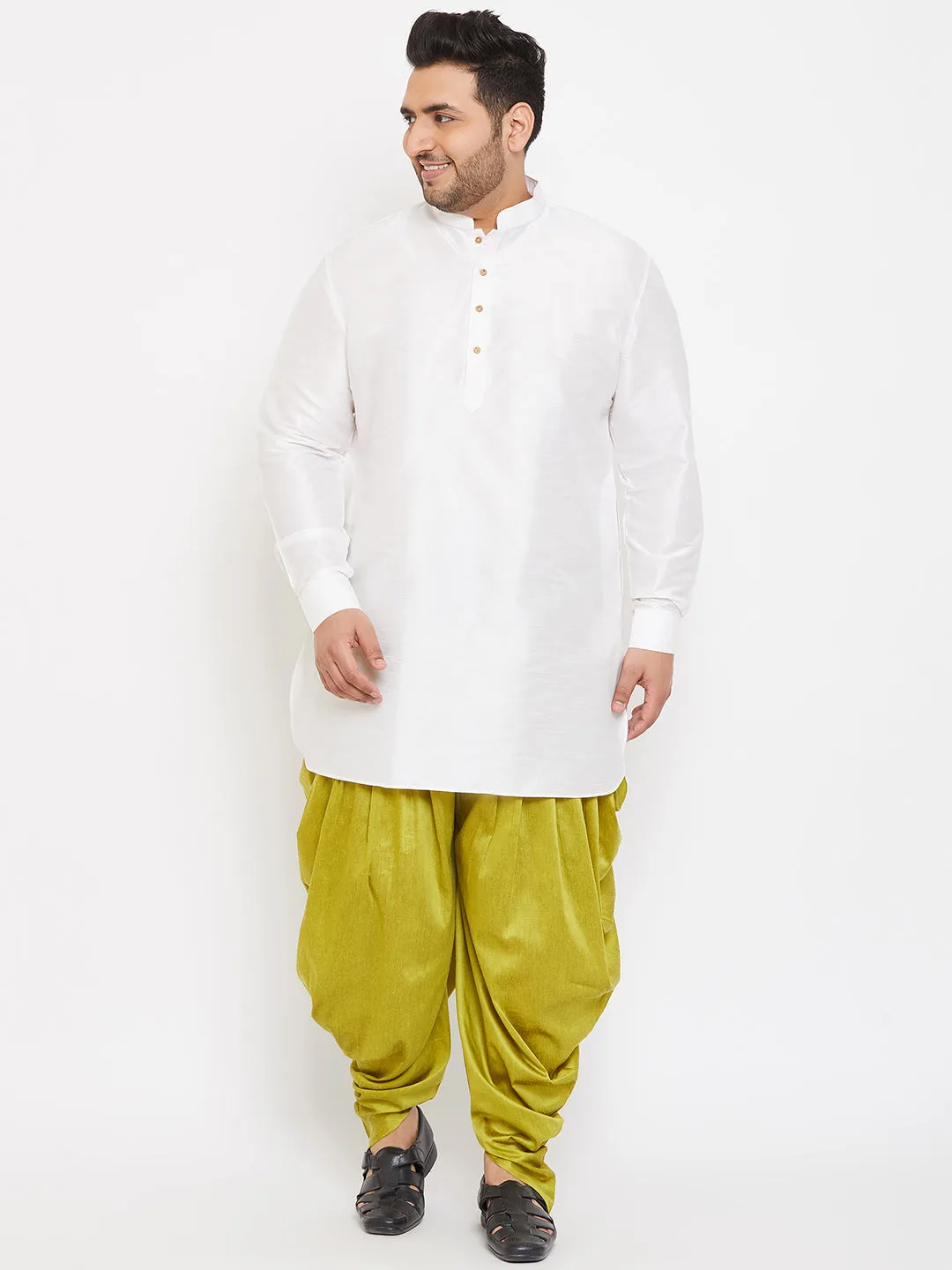 Jashvi Men's Plus Size White Silk Blend Curved Kurta