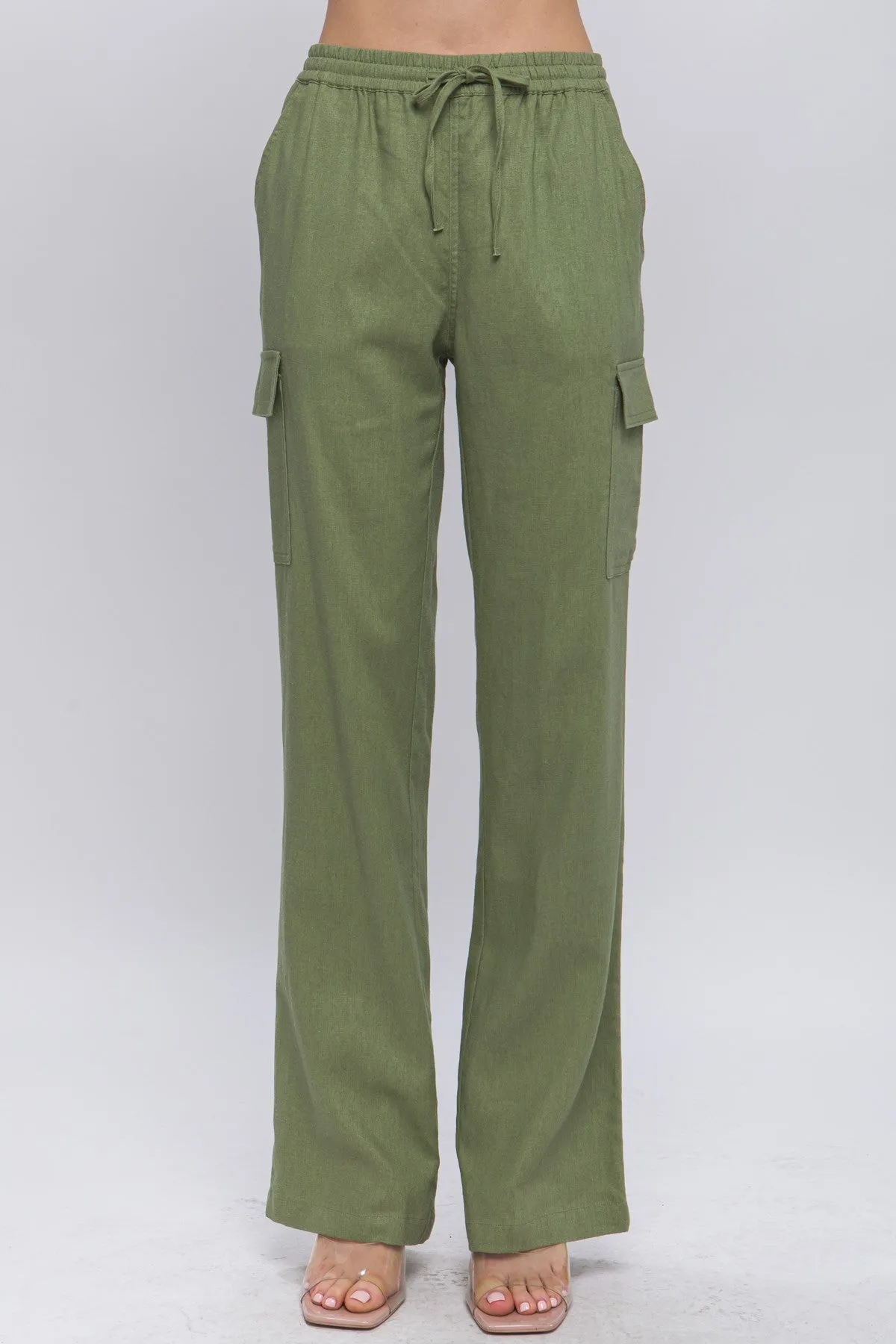 Khaki Linen Straight Leg Cargo Pants