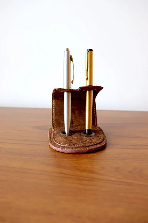 'Kirgiti's' Brown Vegan Leather and Dabu Print Canvas Indigo Fork Pen Holder