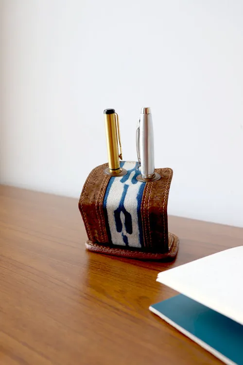 'Kirgiti's' Brown Vegan Leather and Dabu Print Canvas Indigo Fork Pen Holder