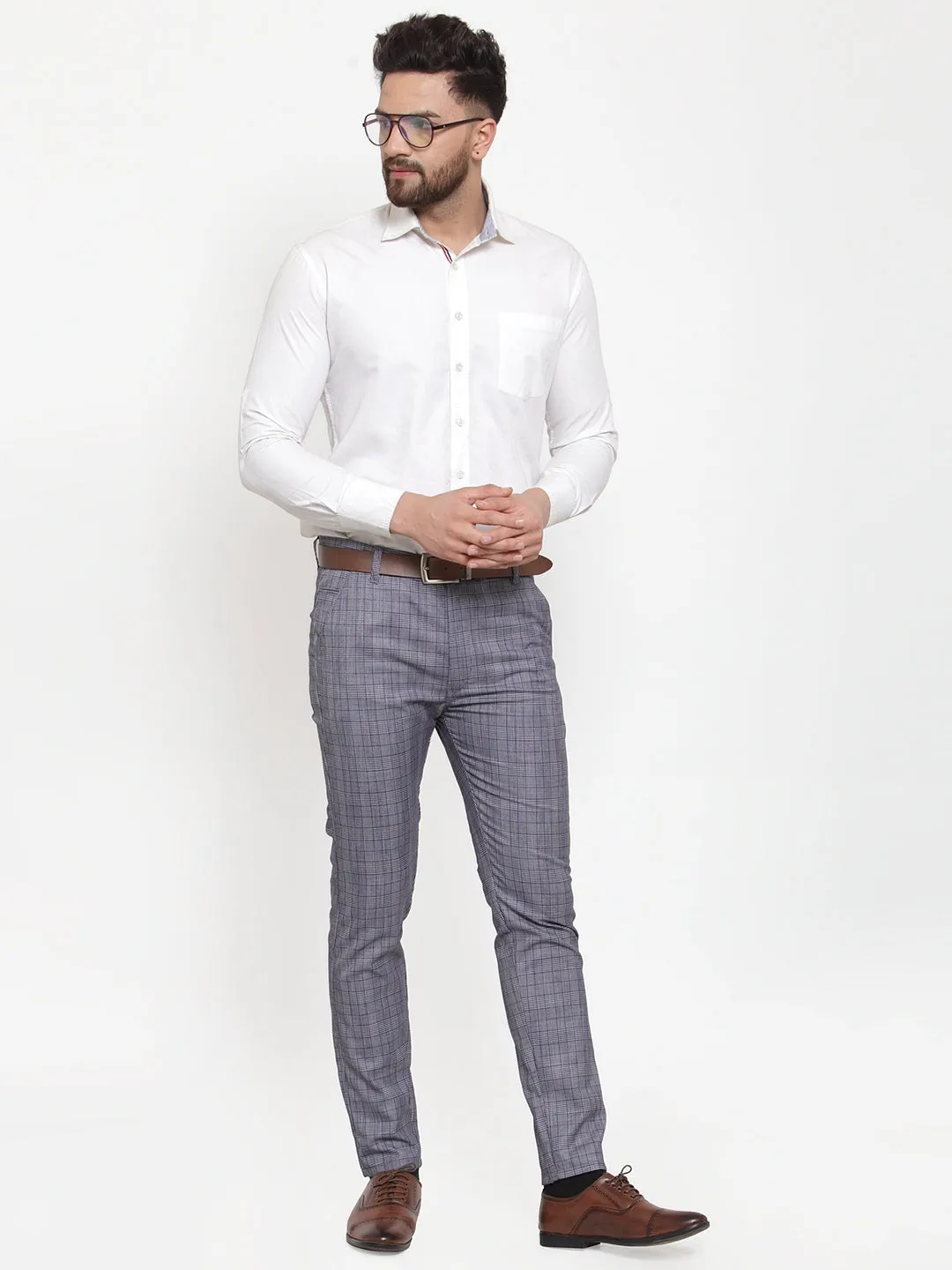 Men's Blue Checked Formal Trousers ( GP 254Blue ) - Jainish