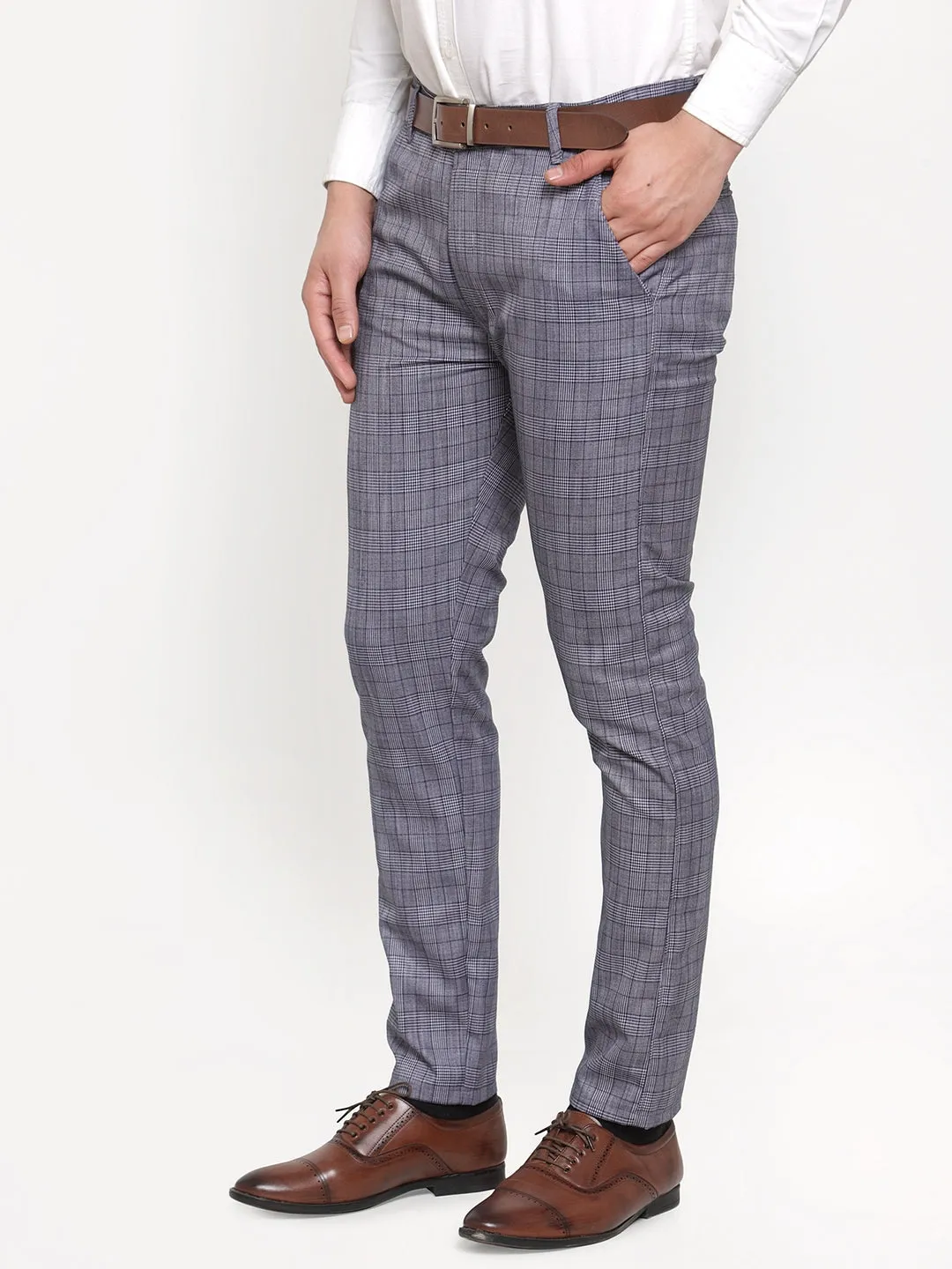 Men's Blue Checked Formal Trousers ( GP 254Blue ) - Jainish