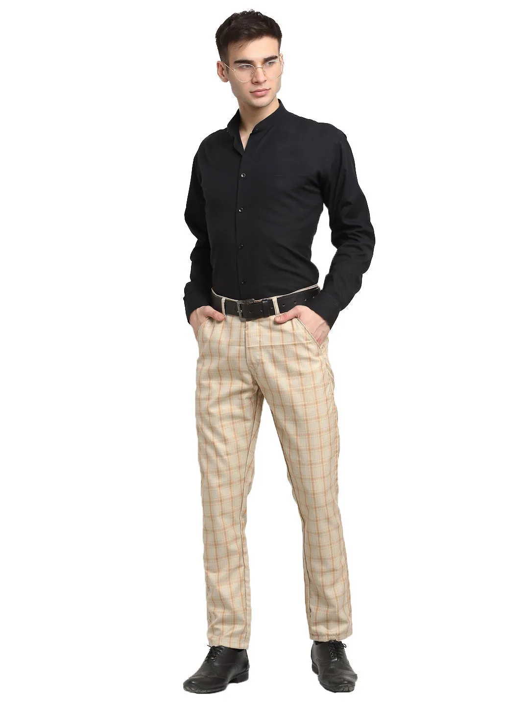 Men's Cream Cotton Checked Formal Trousers ( FGP 267Cream ) - Jainish