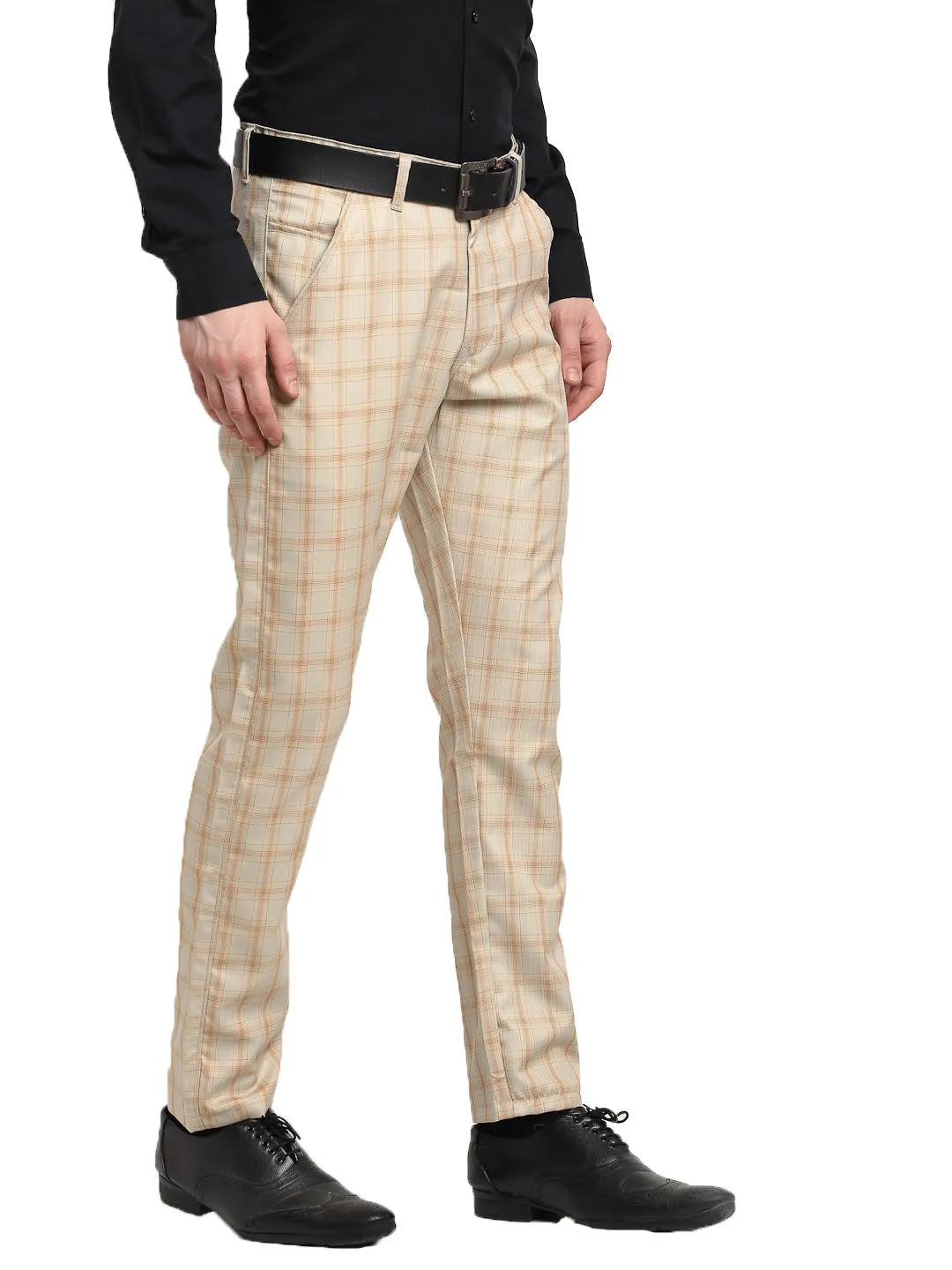 Men's Cream Cotton Checked Formal Trousers ( FGP 267Cream ) - Jainish