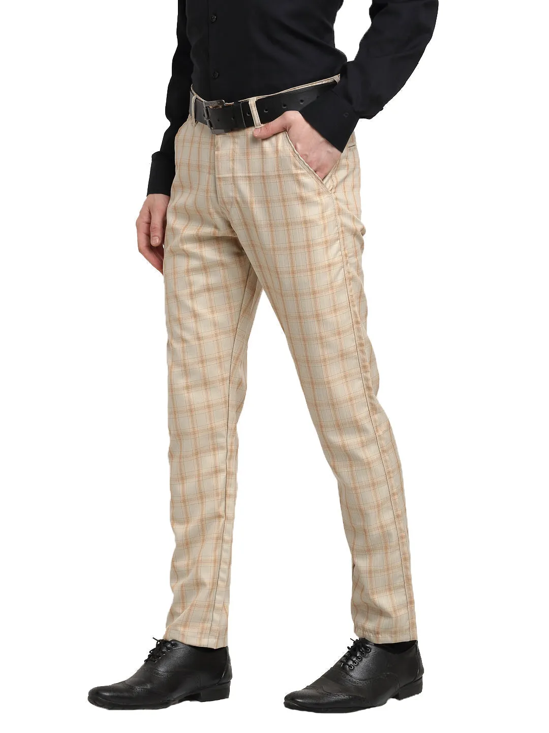 Men's Cream Cotton Checked Formal Trousers ( FGP 267Cream ) - Jainish