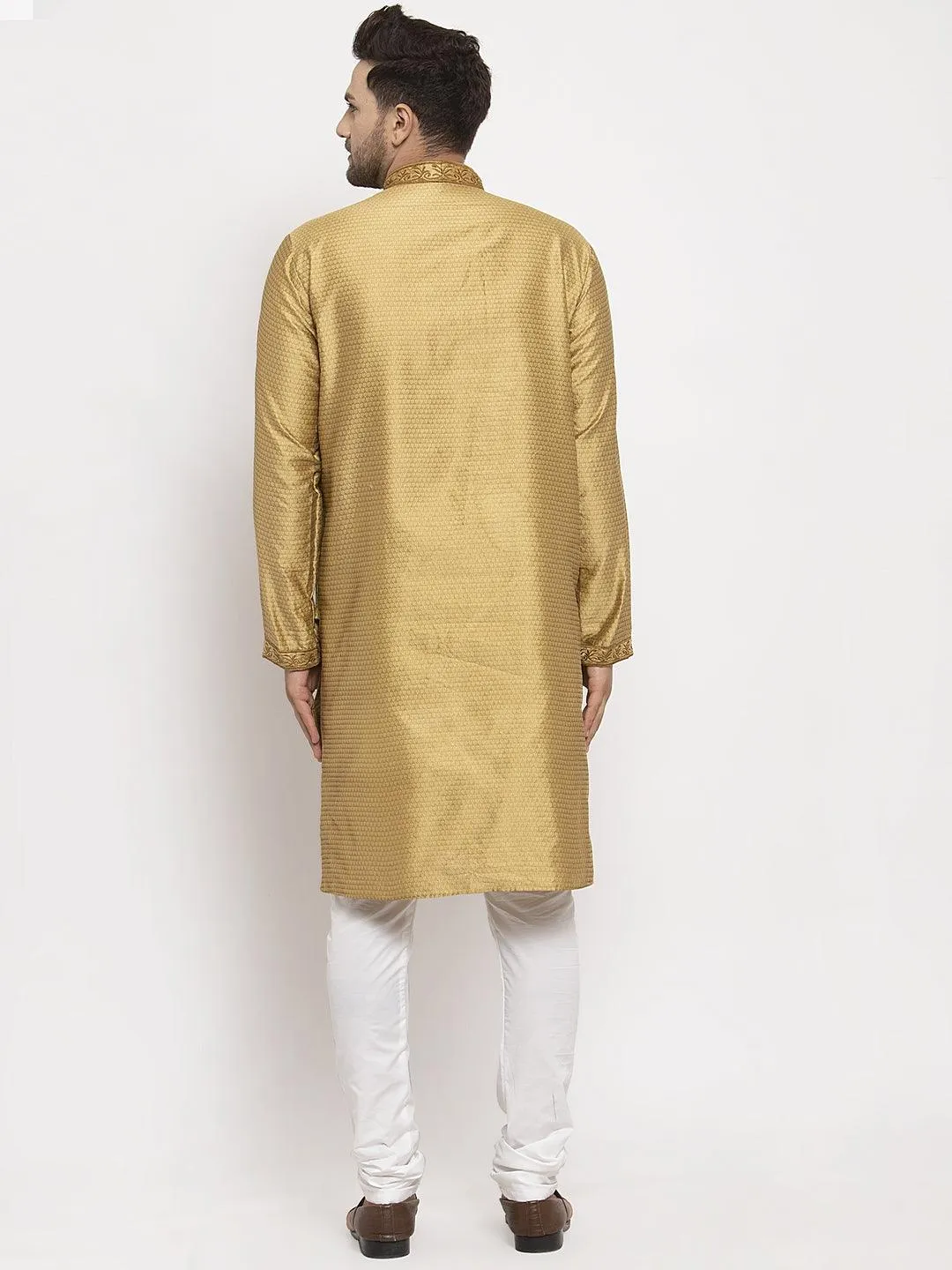 Men's Gold Yoke Design Solid Kurta With White Churidaar Pyjama - Benstoke