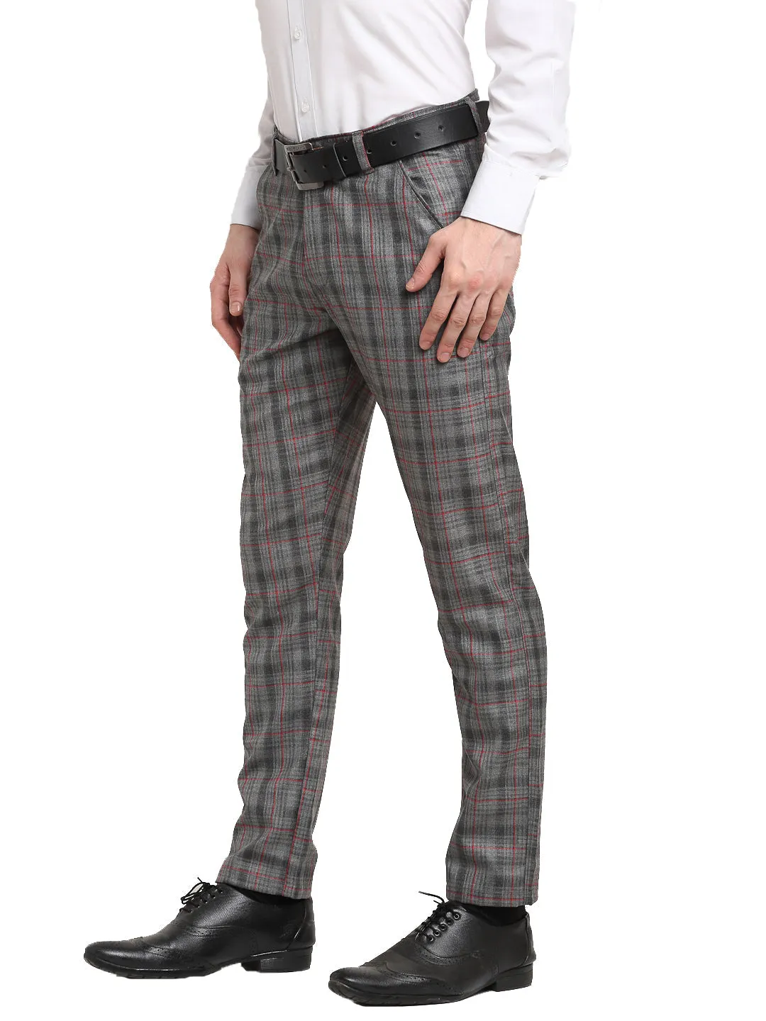 Men's Grey Cotton Checked Formal Trousers ( FGP 267Grey ) - Jainish