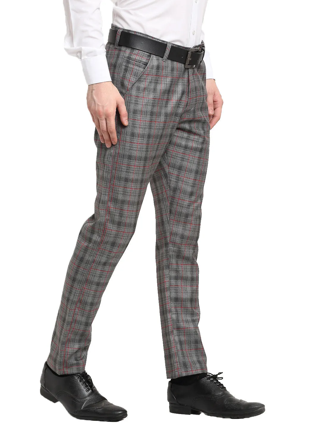 Men's Grey Cotton Checked Formal Trousers ( FGP 267Grey ) - Jainish