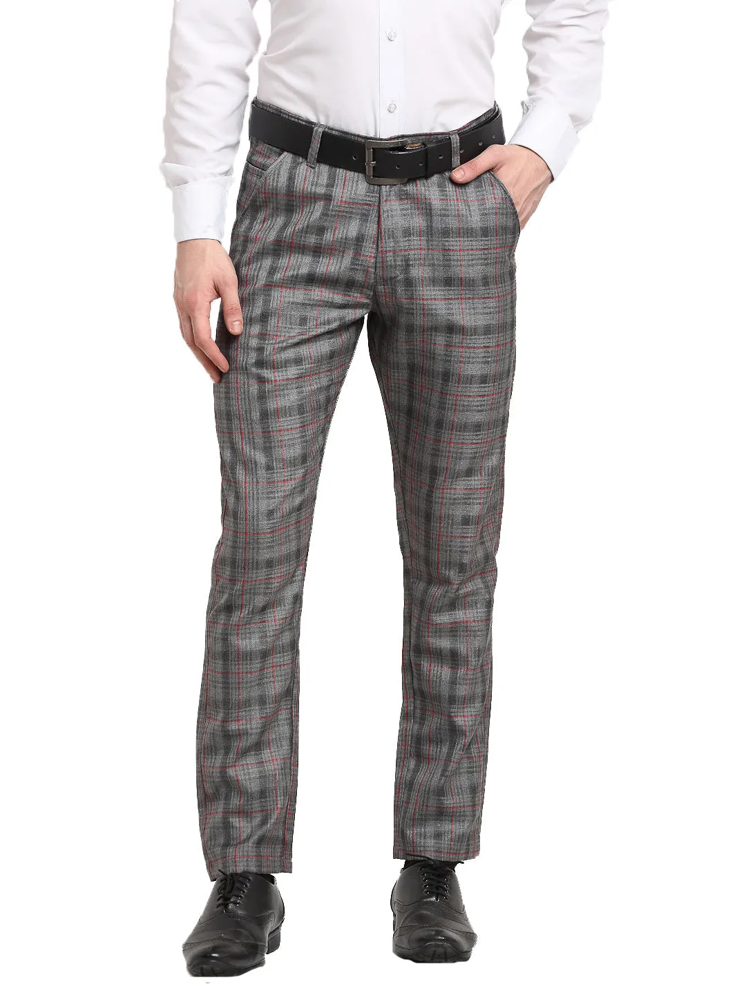 Men's Grey Cotton Checked Formal Trousers ( FGP 267Grey ) - Jainish