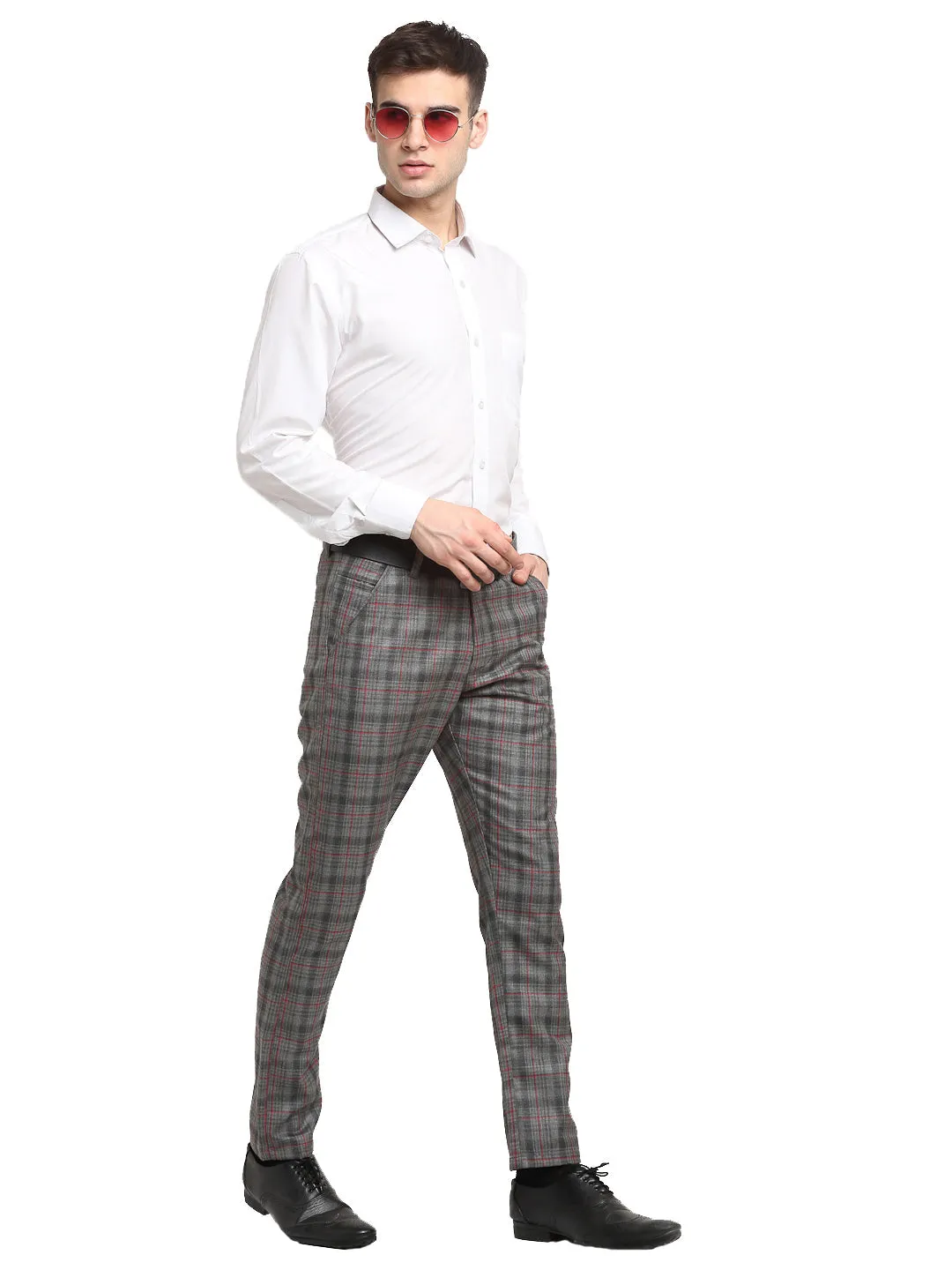 Men's Grey Cotton Checked Formal Trousers ( FGP 267Grey ) - Jainish