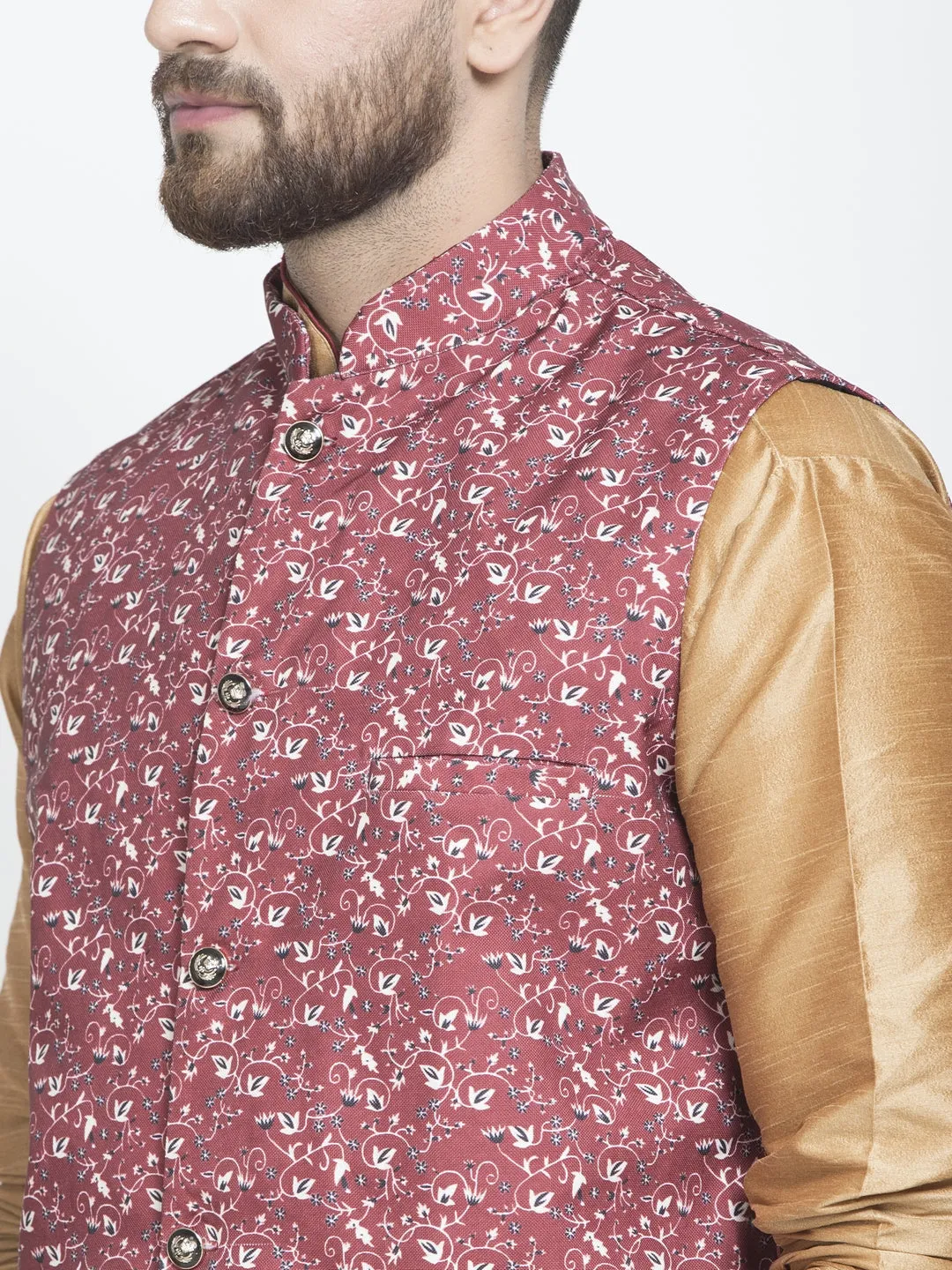 Men's Silk Blend Copper Kurta With Pyjama & Maroon Printed Nehru Jacket - Benstoke