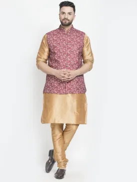 Men's Silk Blend Copper Kurta With Pyjama & Maroon Printed Nehru Jacket - Benstoke