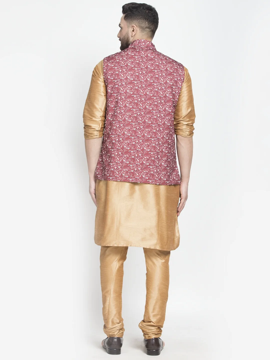 Men's Silk Blend Copper Kurta With Pyjama & Maroon Printed Nehru Jacket - Benstoke