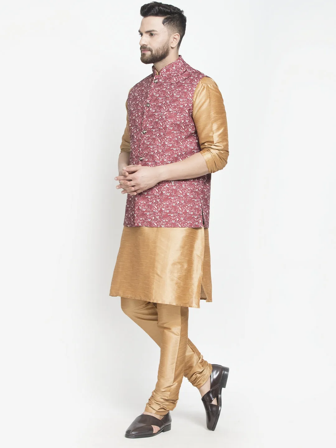 Men's Silk Blend Copper Kurta With Pyjama & Maroon Printed Nehru Jacket - Benstoke