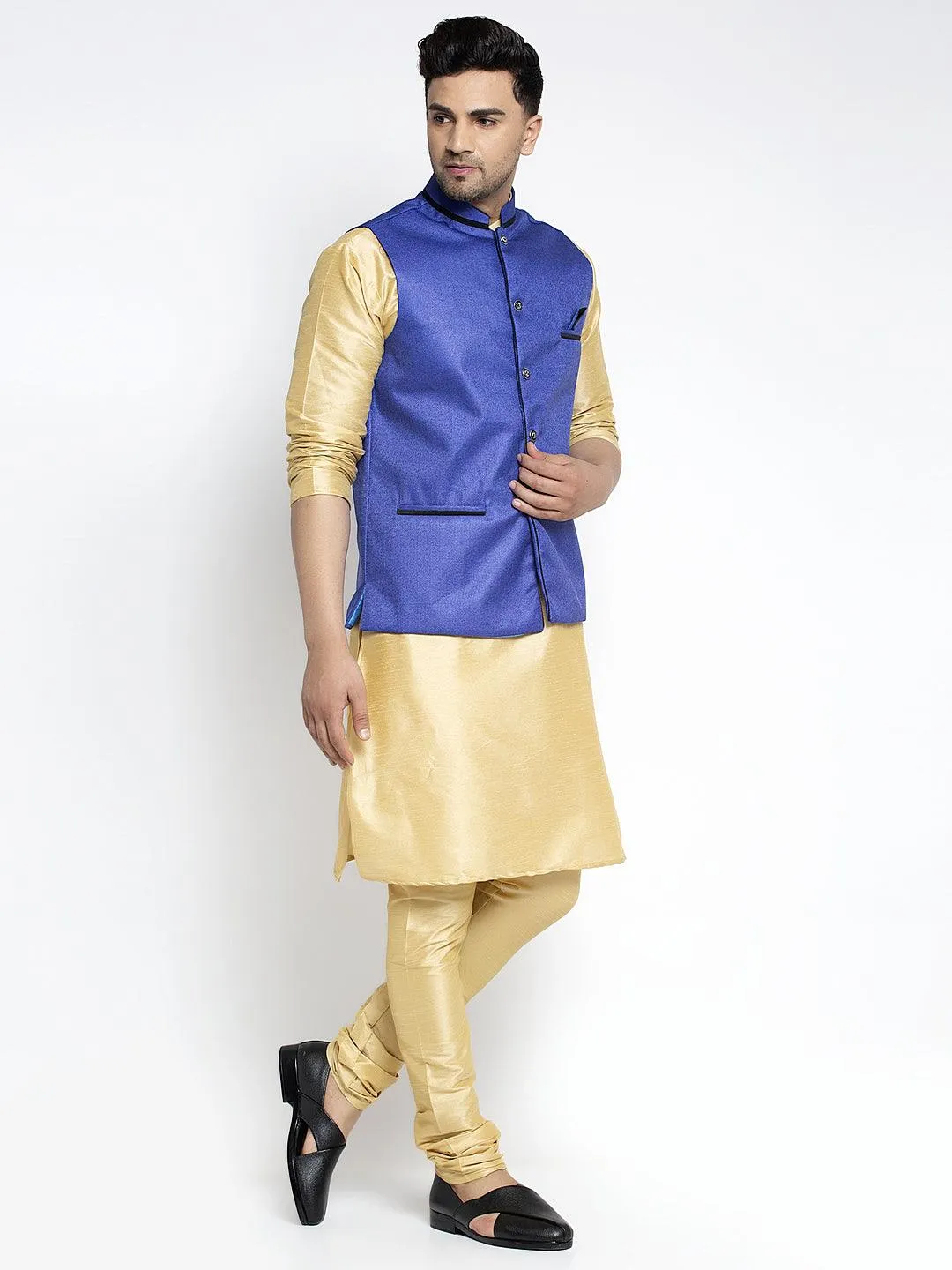 Men's Silk Blend Gold Kurta With Pyjama & Royal Blue Nehru Jacket - Benstoke