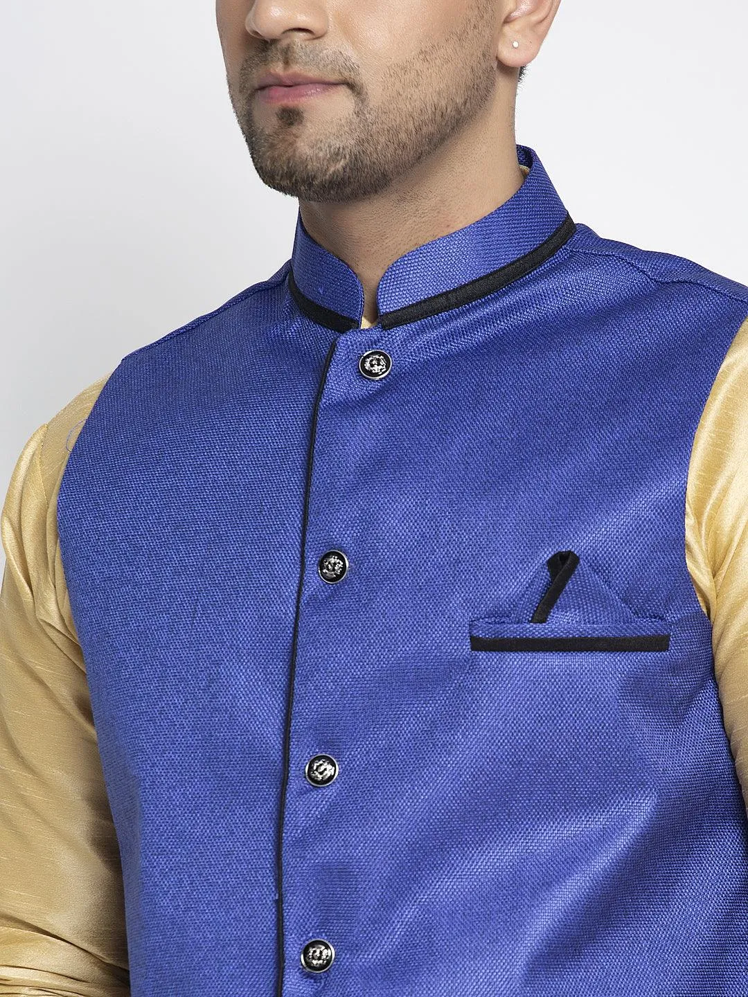 Men's Silk Blend Gold Kurta With Pyjama & Royal Blue Nehru Jacket - Benstoke