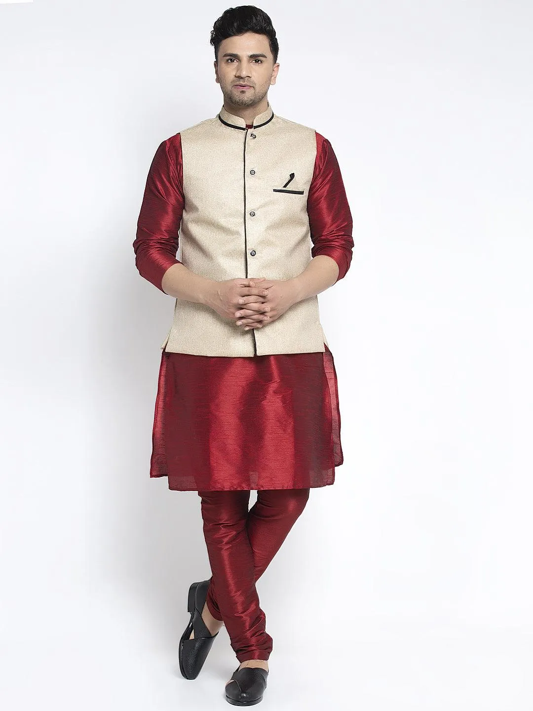 Men's Silk Blend Maroon Kurta With Pyjama & Beige Nehru Jacket - Benstoke